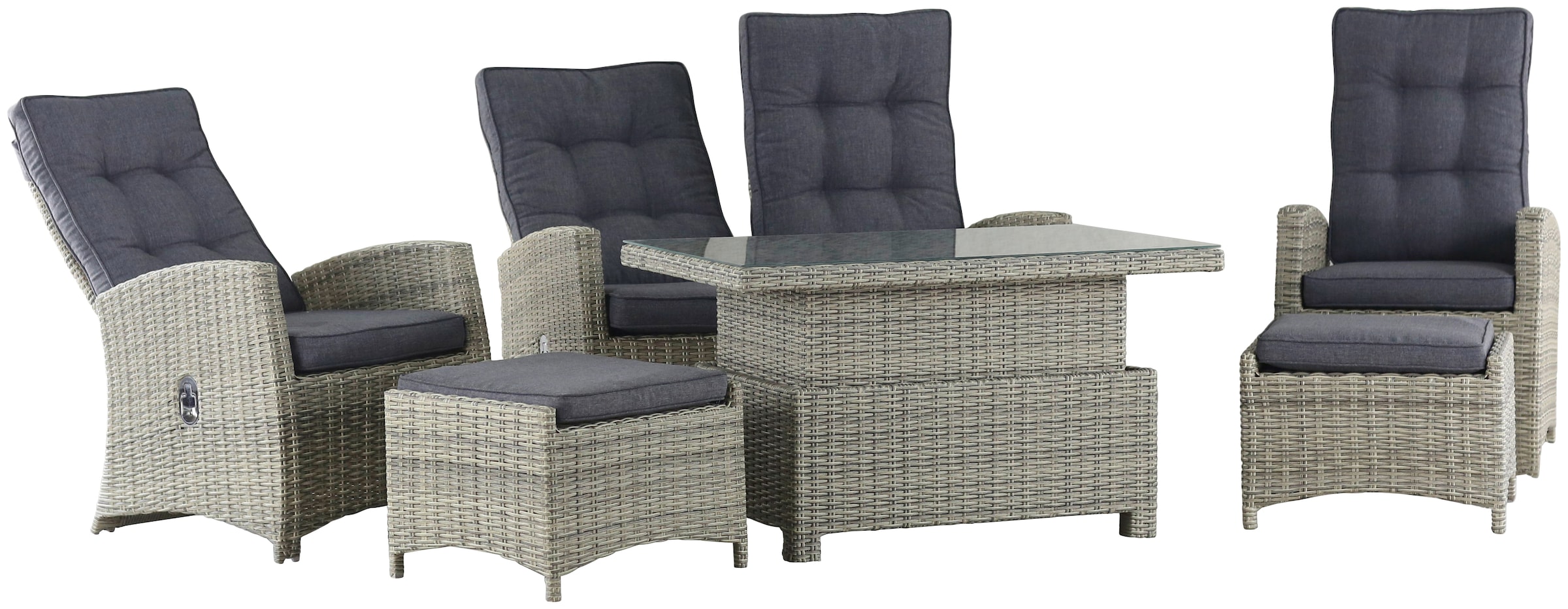 KONIFERA Gartenlounge-Set »Monaco«, (Set, 16 tlg., inkl. Auflagen, Alu, Polyrattan), höhenverstellbarer Tisch 43,5 - 66,5 cm