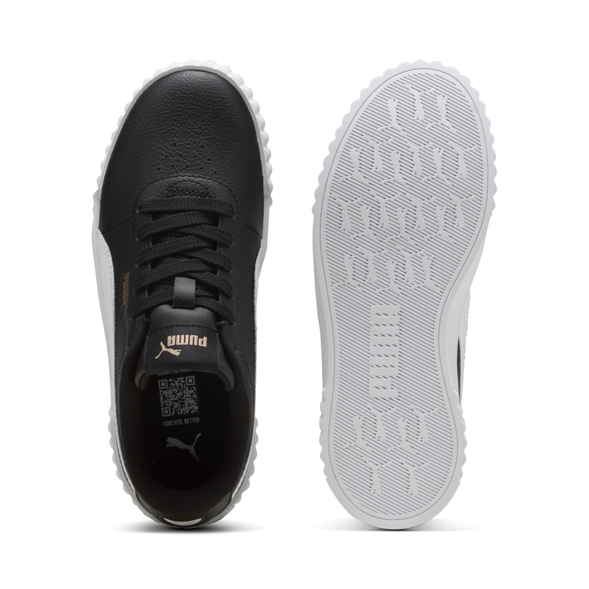 Sneaker PUMA "Carina 3.0 Sneakers Mädchen", Damen, Gr. 38,5, schwarz-weiß (schwarz, weiß gold), Obermaterial: Synthetik, Textil, Kuhleder, Leder; Futter: Textil; Innensohle: Textil, Keine Angabe; Laufsohle: Gummi, Schuhe Sneaker 3