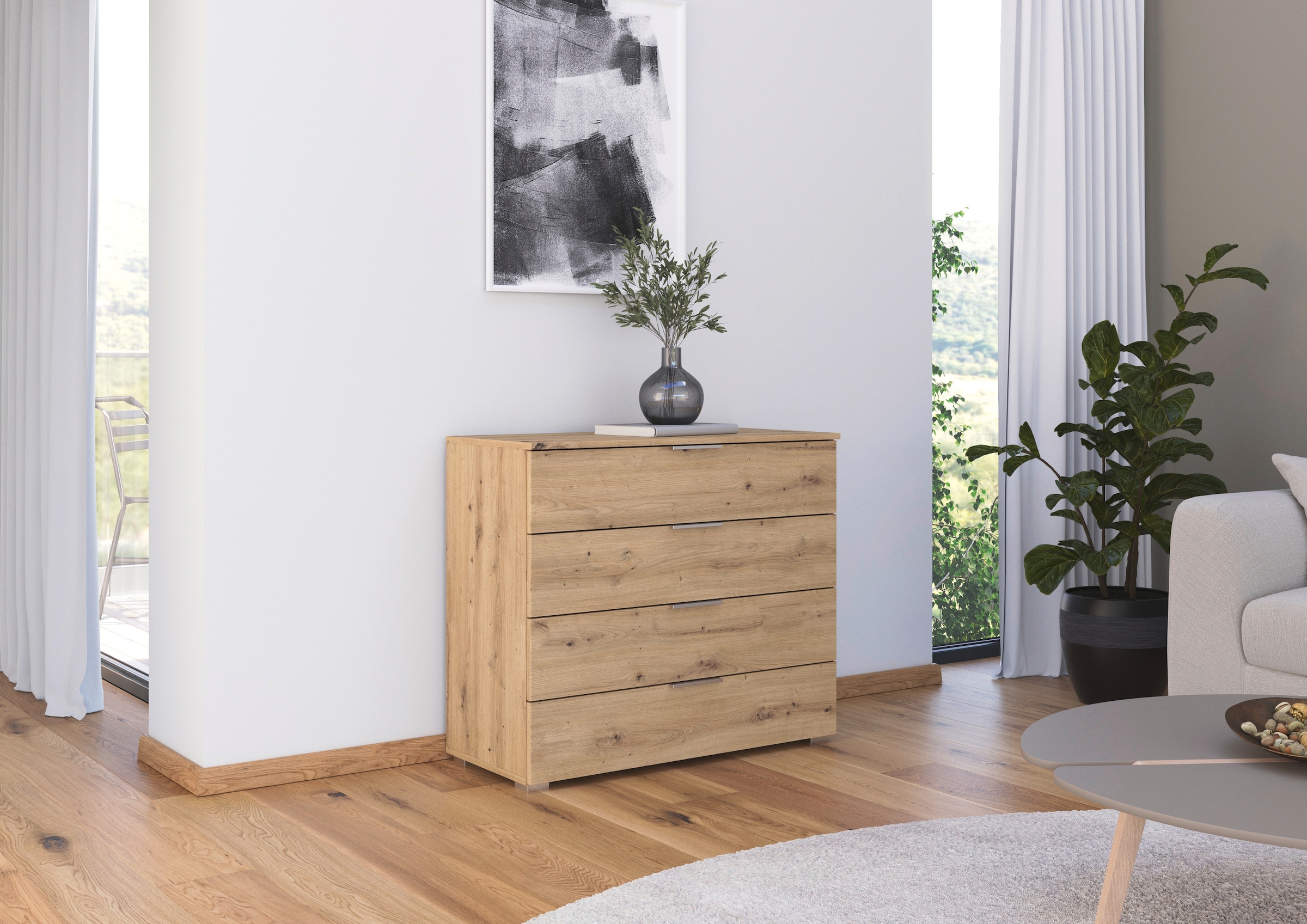 rauch Schubkastenkommode »Sideboard Schubladenkommode AGORDO mit Dekor- oder Hochglanzfront«, (in zwei Griff-Farben), Breite 93 cm mit 4 großen Schubladen für viel Stauraum MADE IN GERMANY