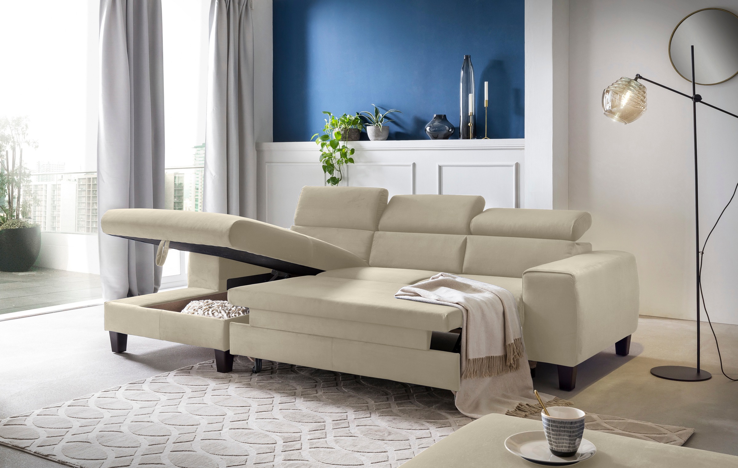 COTTA Ecksofa »Morven L-Form mit Kopfteilverstellung«, wahlweise mit Bettfunktion, Bettkasten & Wireless-Charger