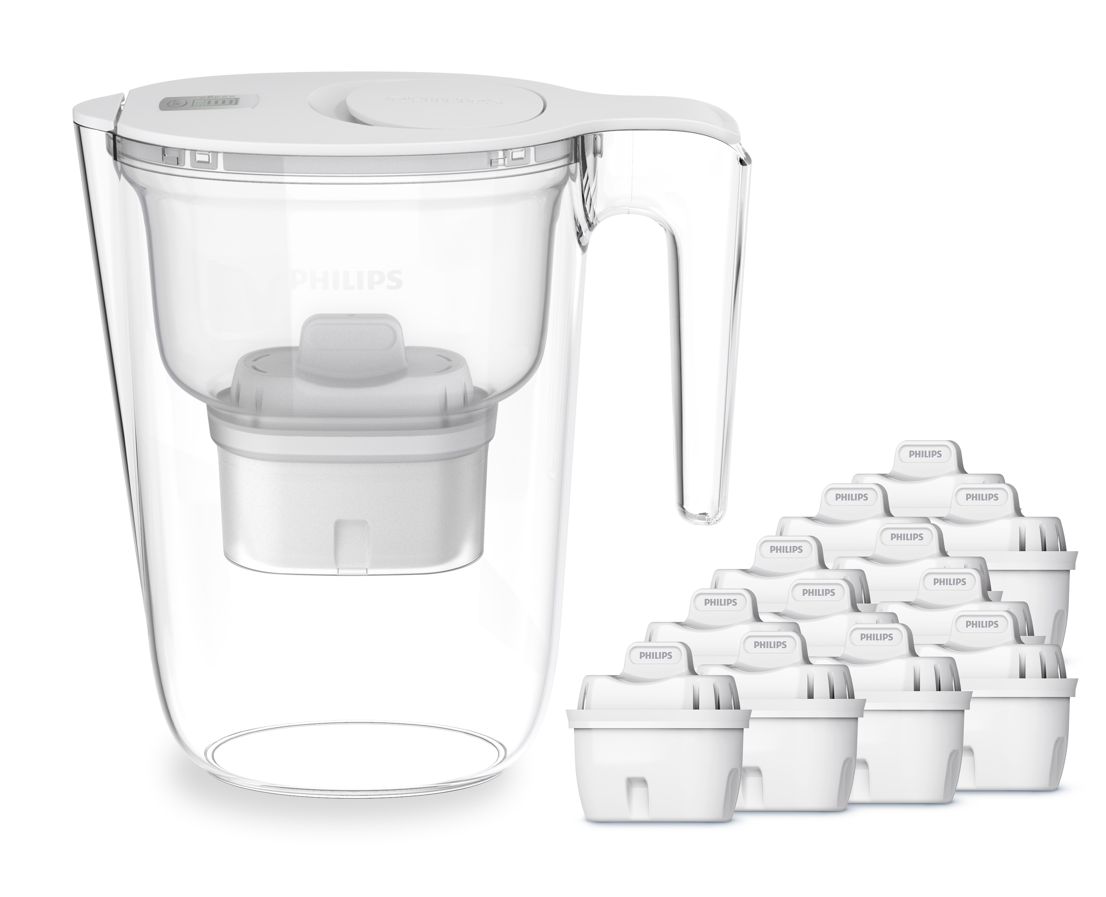 Philips Kalk- und Wasserfilter "Philips Wasserfilter-Kanne 2,6L weiß inkl. 12 Filterkartuschen" Set, 13 Stk. tlg. Reduziert den TDS Wert