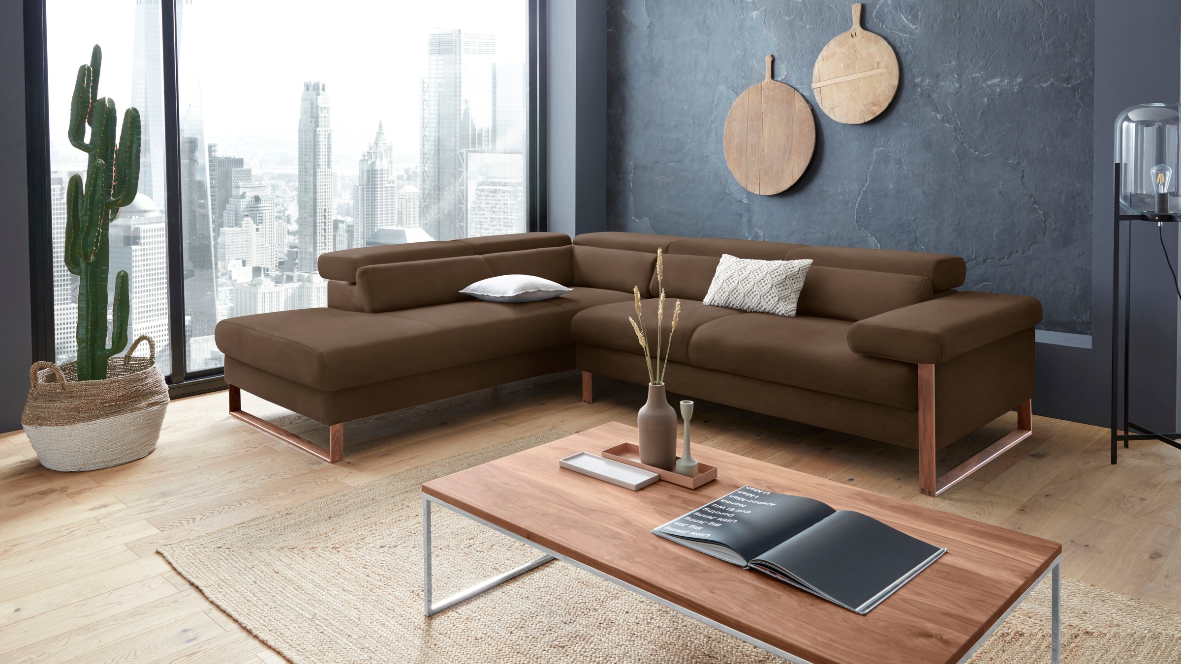 W.SCHILLIG Ecksofa "finn, Designsofa mit tollem Sitzkomfort, bequem, L-Form" German Design Award 2016, Fußgestell Nussbaum natur, Breite 281 cm