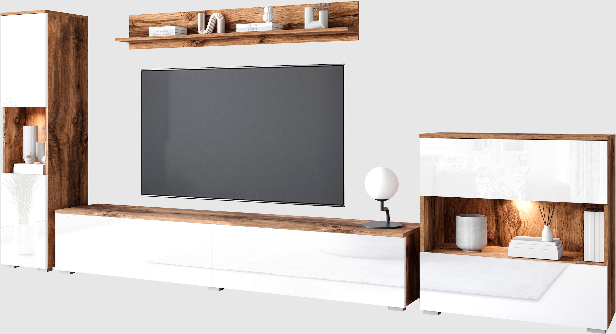 INOSIGN Wohnwand »PARIS«, (Komplett-Set, 4 St.), TV-Wand 300cm breite, grifflose Design, stehend und hängend montierbar