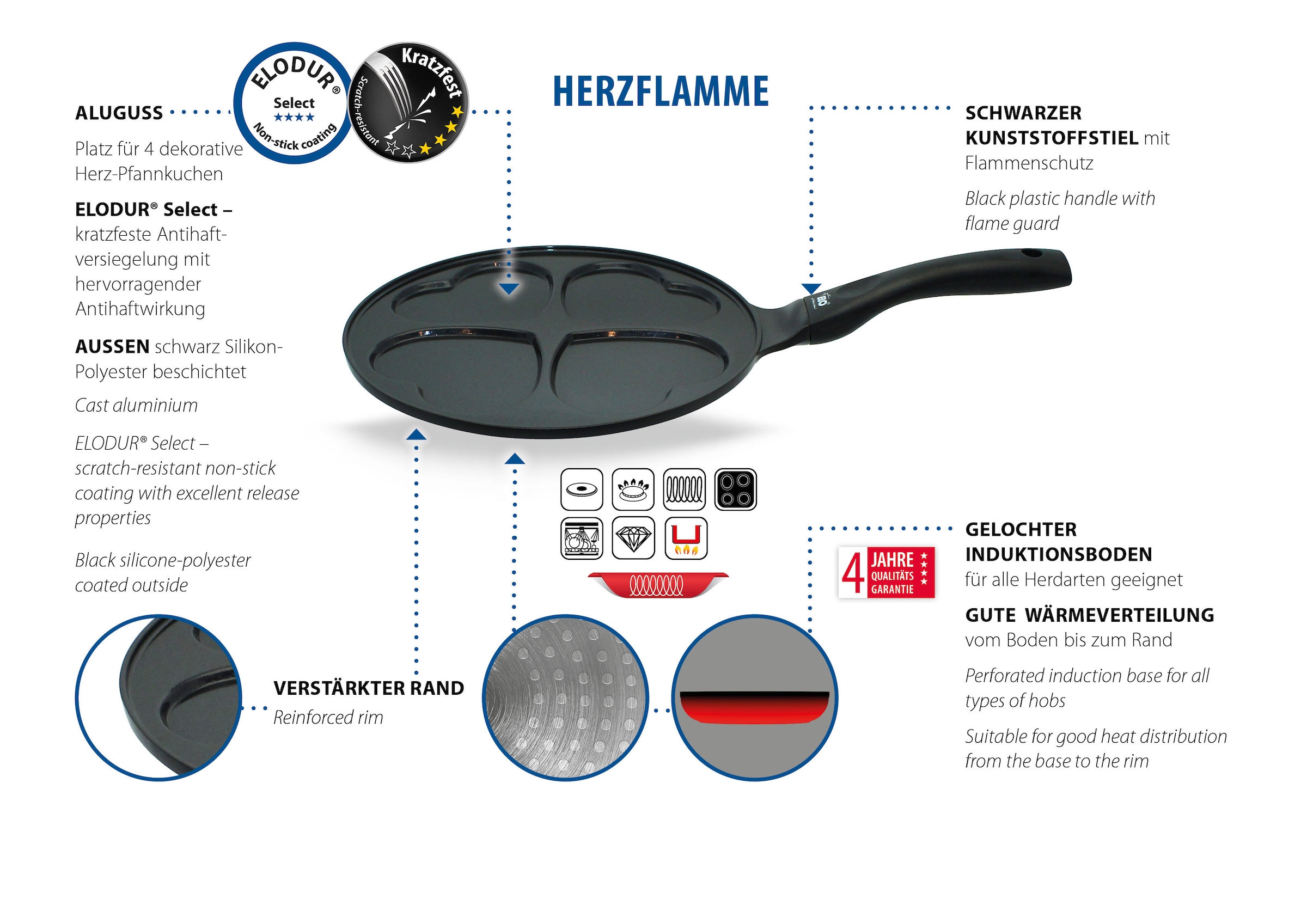 Elo Basic Crêpepfanne »Blini, Herzpfanne 26 cm« Aluminiumguss 1 Stk. tlg. für 4 Herz-Pfannkuchen