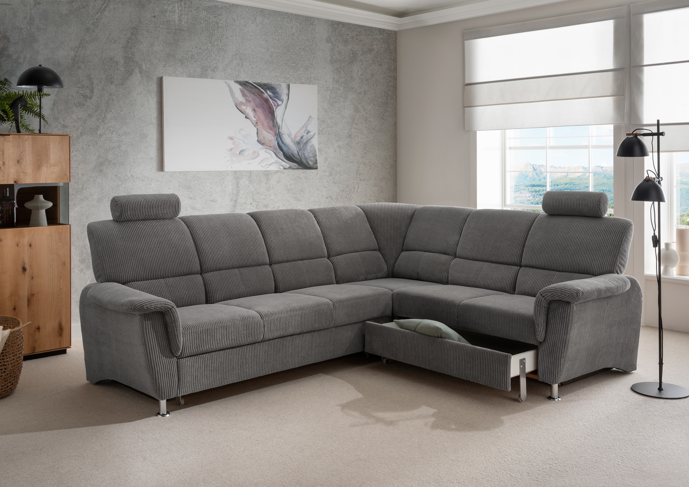 Home affaire Ecksofa »Pisa L-Form, mit Schlaffunktion, Stauraum, 2x höhenverstellbare«, Kopfstützen und Relaxfunktion im Eckelement