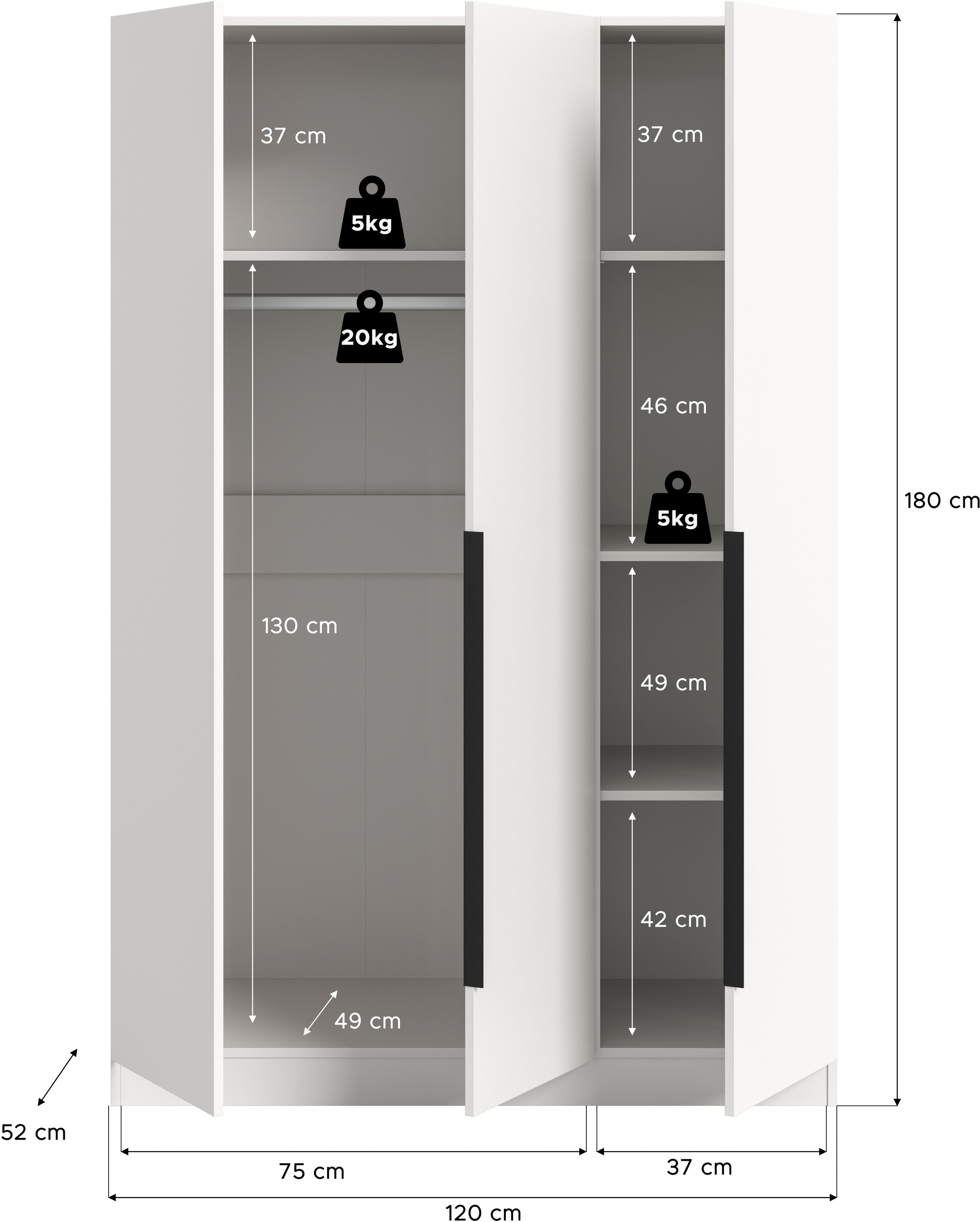 Home affaire Kleiderschrank »Skarde Schlafzimmerschrank, Garderobe, Schrank, Bestseller«, (Otto Bestseller Garderobe Schlafzimmerschrank), Breite: 120 cm, weiß, Kleiderstange 4 Böden