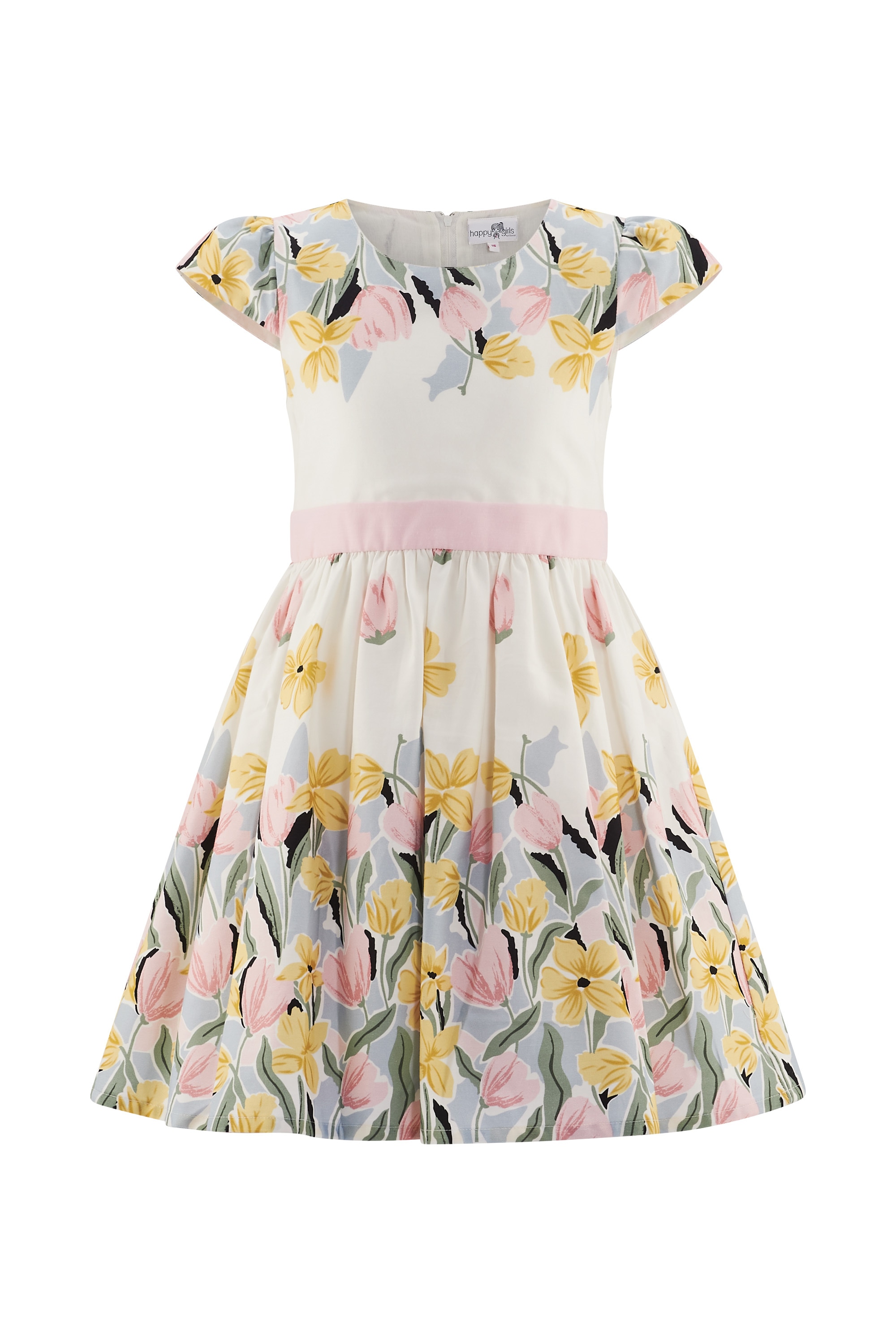 Sommerkleid HAPPY GIRLS, Mädchen, Gr. 122, N-Gr, ecru, Web, Obermaterial: 100% Baumwolle. Futter: 100% Baumwolle, bedruckt, geblümt, Basic knieumspielend, Rundhals, Flügelärmel, Kleider Sommerkleid, mit Deko-Schleife und Nahtreißverschluss im Rücken