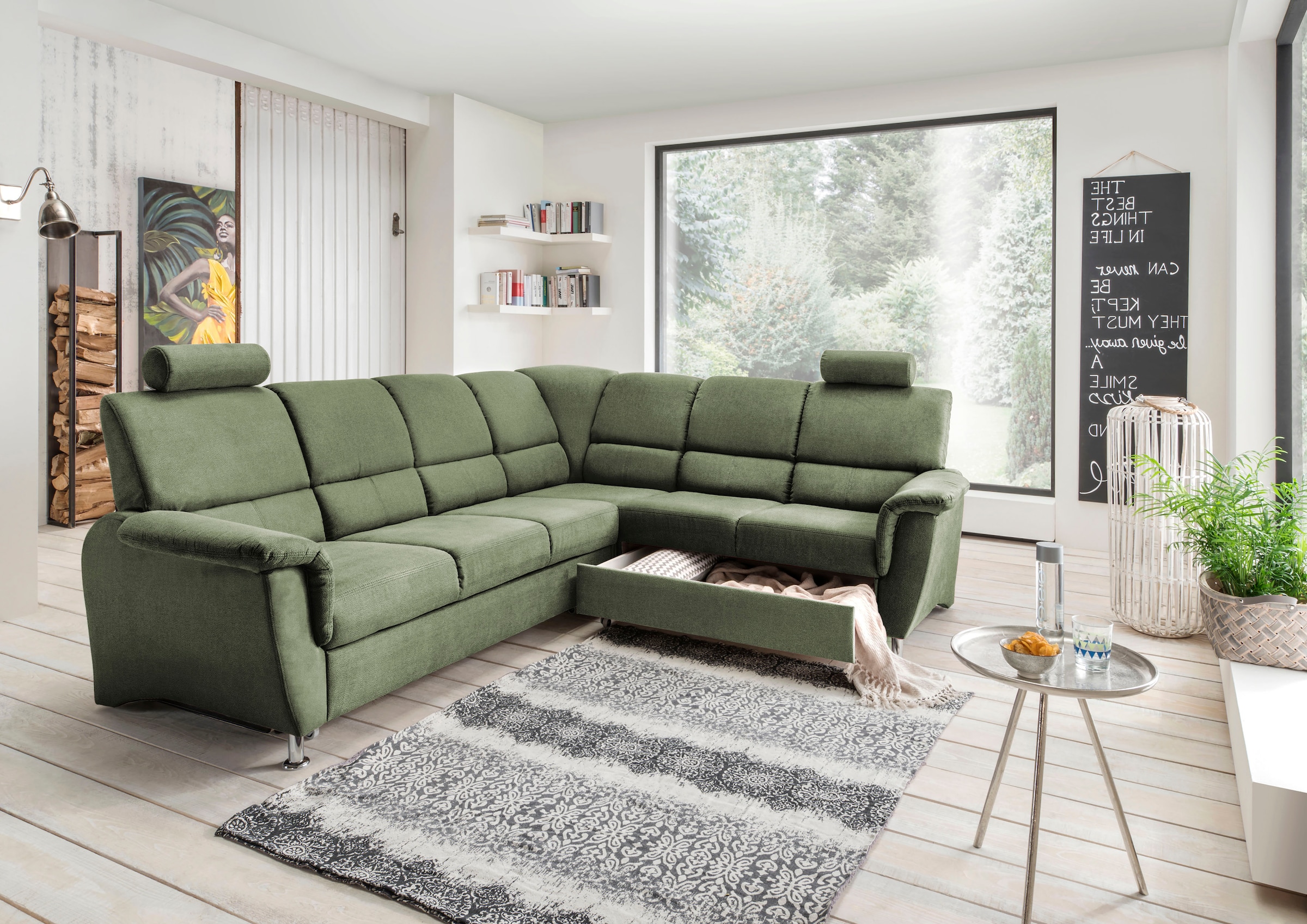 Home affaire Ecksofa »Pisa L-Form, mit Schlaffunktion, Stauraum, 2x höhenverstellbare«, Kopfstützen und Relaxfunktion im Eckelement