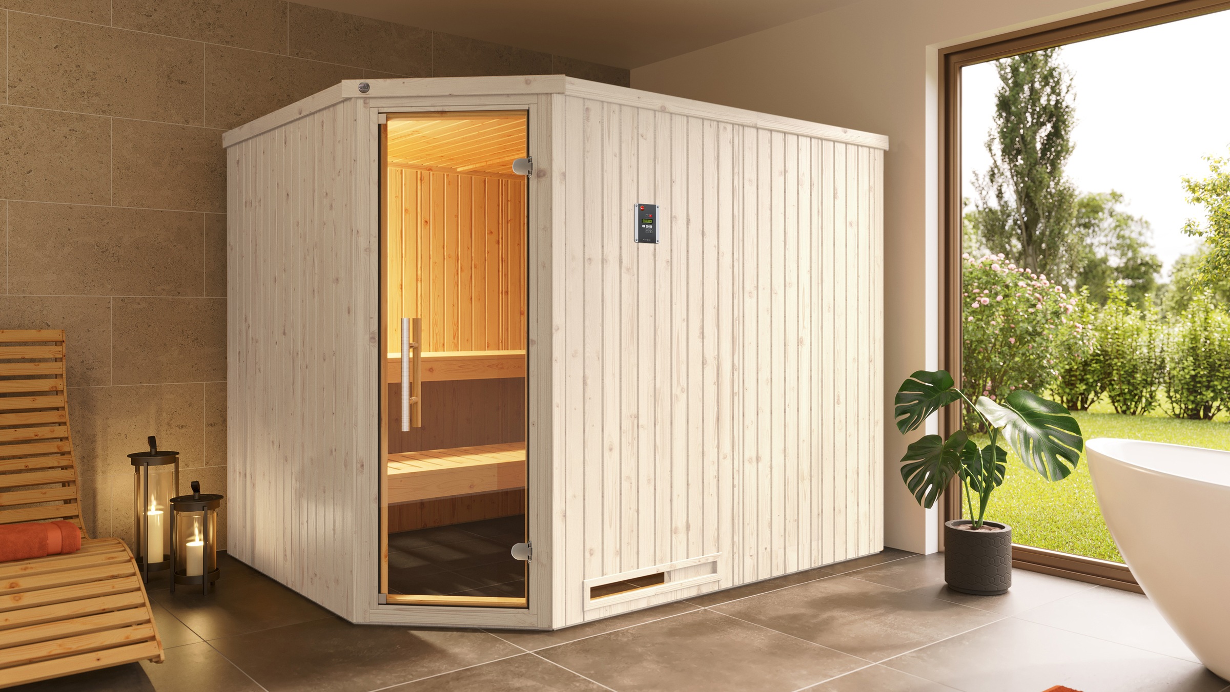 weka Sauna »Element-Ecksauna VARBERG 4«, vorgefertigte Elemente, moderne Ganzglastür