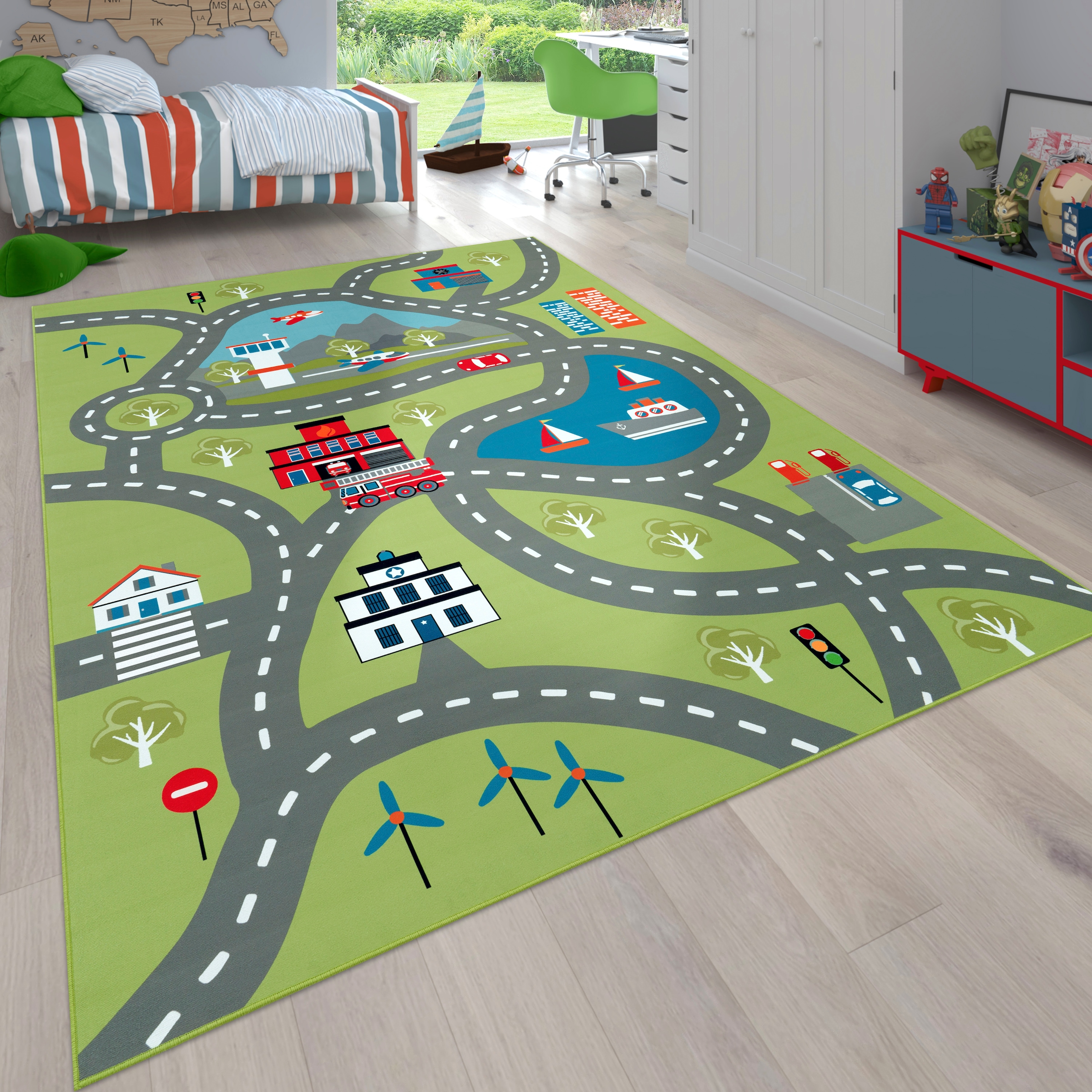 Paco Home Kinderteppich "Bino 562", rechteckig, 4 mm Höhe, Kurzflor, Straßen-Spiel-Teppich, Motiv Flughafen, Kinderzimme