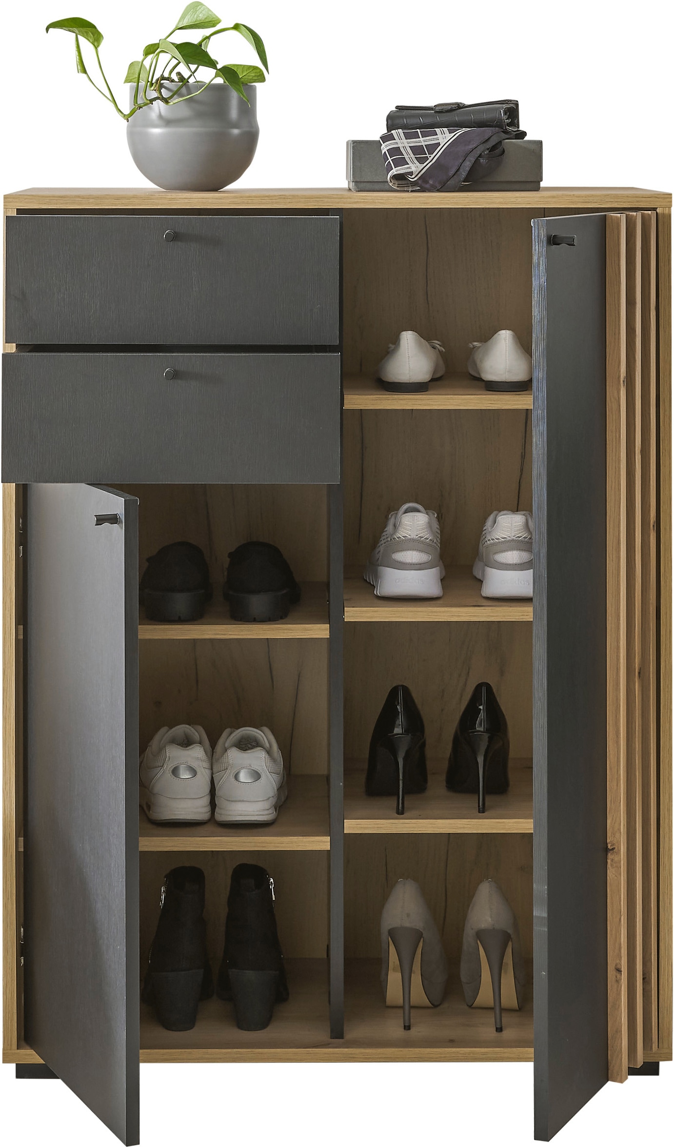 HBZ Garderoben-Set »5-tlg. Eiche MDF Stripes Flurgarderobe Stellmaß BxHxT 230x196x38 cm«, (5 St.), Mit Schuhkommode, Hochschrank, Bank, Paneel, Spiegel