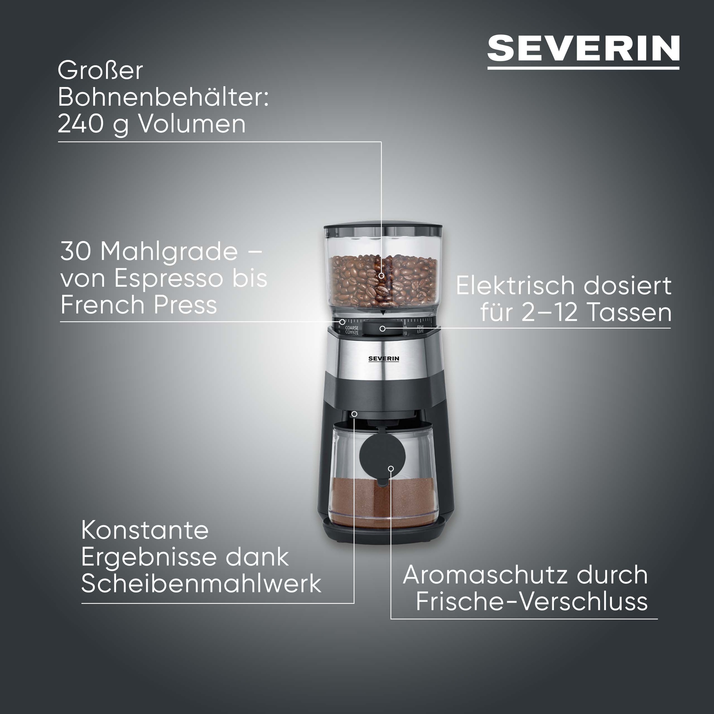 Severin Kaffeemühle »KM 3880« Scheibenmahlwerk 240 gBohnenbehälter bis 240g Bohnen, Aromaverschluss, Mahlgrad in 30 Stufen einstellbar