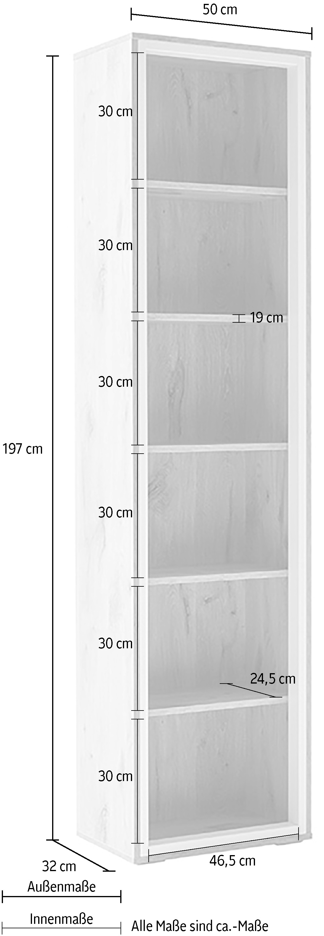 MCA furniture Vitrine »SANTERNO«, 6 Fächer, Regal, Korpus Beleuchtungsrahmen Soft White, Höhe 197 cm
