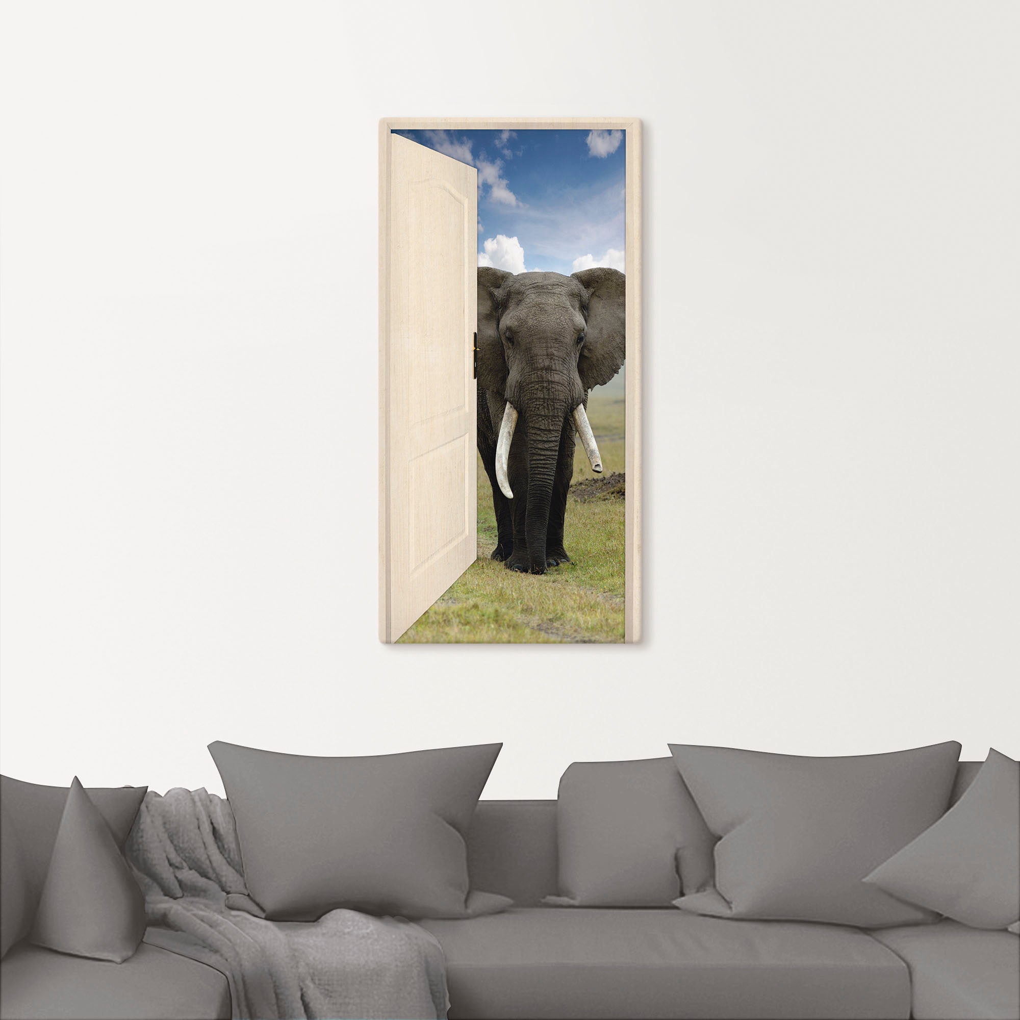 Artland Wandbild »Offene weiße Türe mit Blick auf Elefant«, Wildtiere, (1 St.), als Leinwandbild, Poster, Wandaufkleber in verschied. Größen