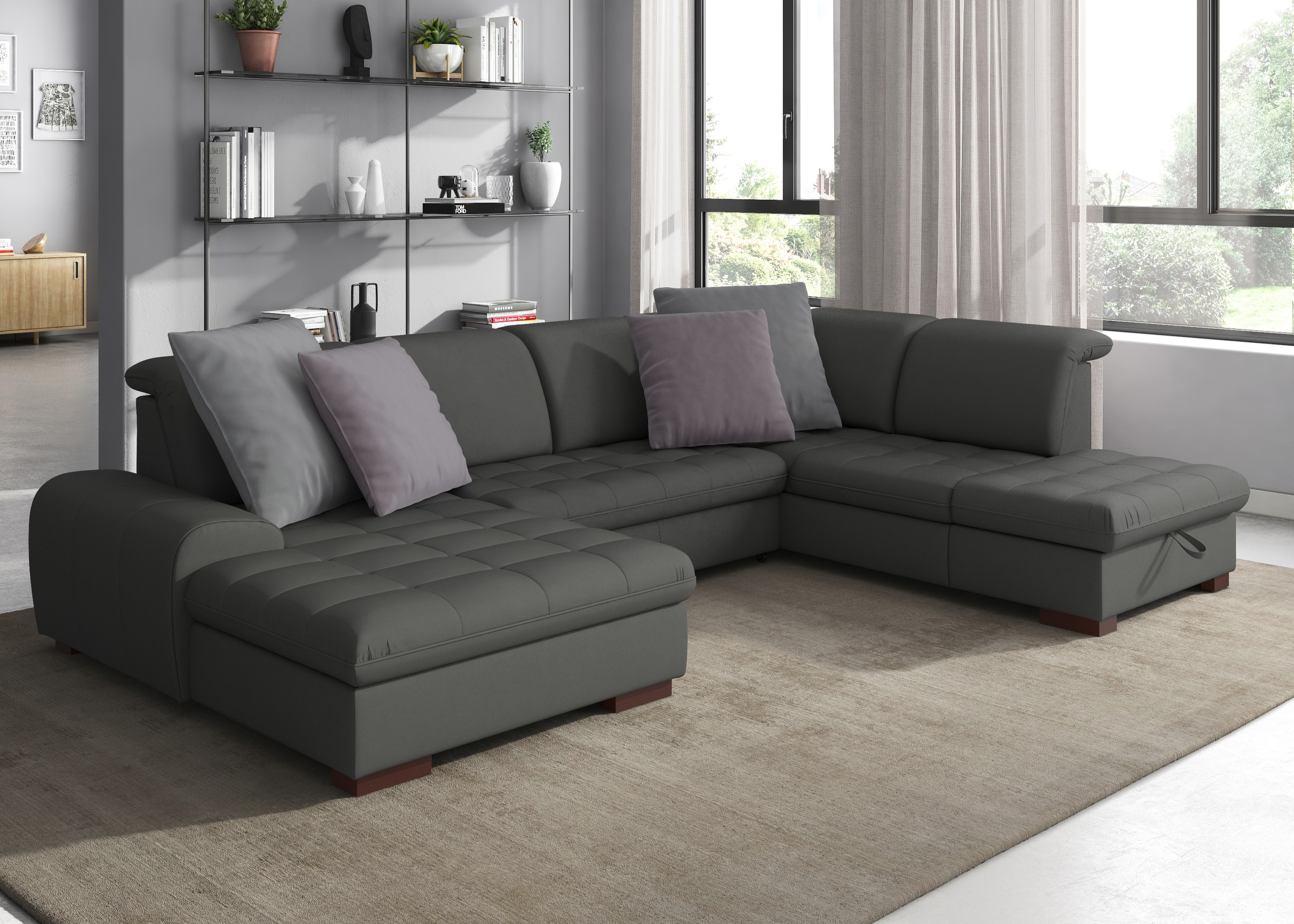 Wohnlandschaft SIT & MORE "Luxor U-Form", grau (graphite), B:329cm T:224cm, Luxus-Microfaser ALTARA NUBUCK (100% Polyester);Soft clean (98% Polyester, 2% Polyamid);Struktur fein (100% Polyester), Sofas, Wohnlandschaft, wahlweise mit Bettfunktion, Bettkast