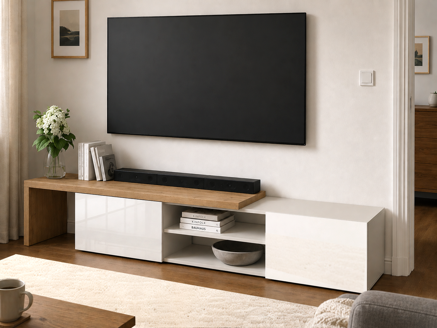 OTTO home Lowboard "New Garda,Lowboard mit Aufsatz,TV-Board mit Ausatz,TV-Schrank-Tv Bank" 1 Stk. tlg. Breite verstellbar v. 183 bis 310 cm,2 Klappen und L-Förmiger Aufsatz