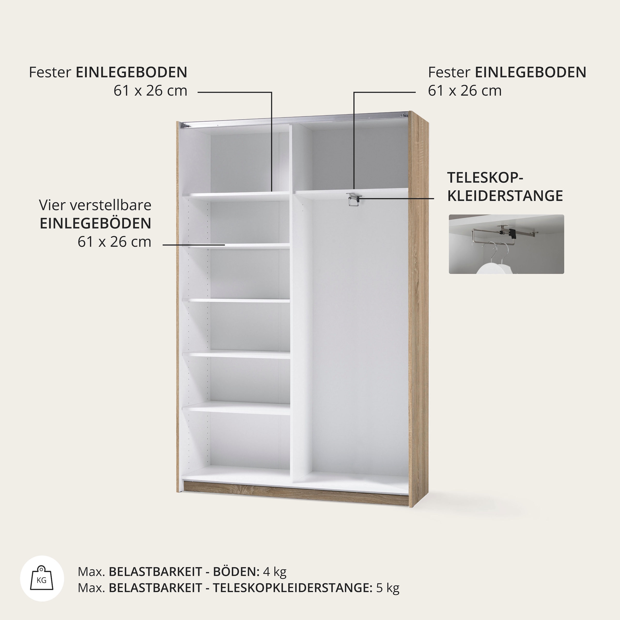 Schlafkontor Schwebetürenschrank »Heimo/Fast Schrank Kleiderschrank Garderobe«, geringe Tiefe, ausziehbarer Kleiderstange, Garderobenschrank, 6 Böden