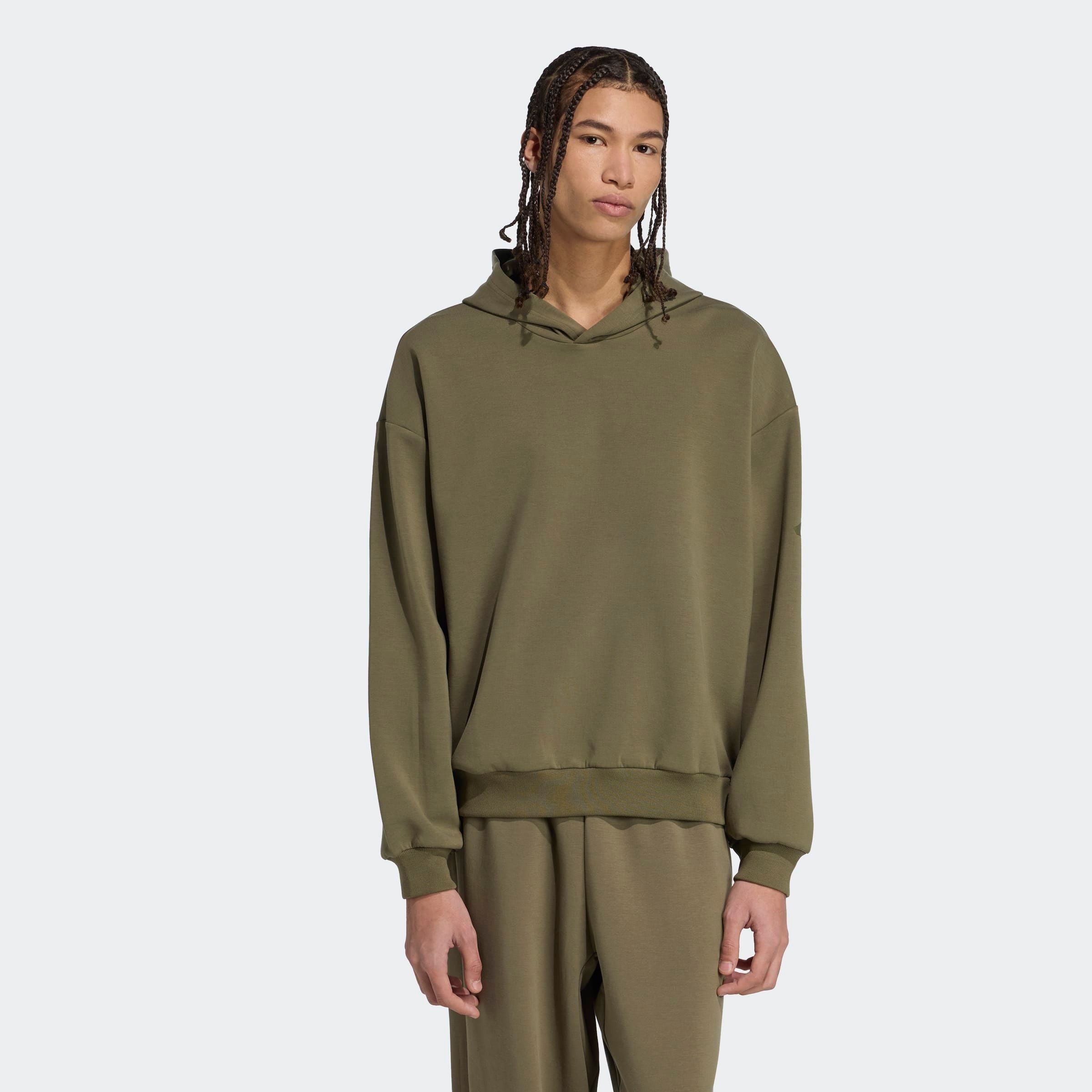Kapuzensweatshirt ADIDAS SPORTSWEAR "SOFT LUX HOODIE", Herren, Gr. 3XL, grün (olive strata), Obermaterial: 51% Polyester, 25% Modal, 15% Baumwolle, 9% Elasthan, normal, Rundhals, angesetztes Bündchen, Sweatshirts, mit Kapuze, für Sportmode und Freizeit, m