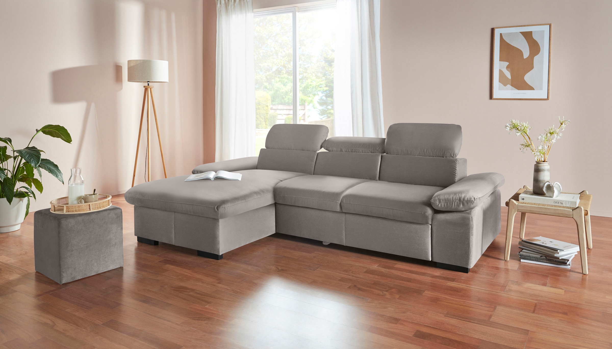 COTTA Ecksofa »Lola L-Form mit Kopfteilfunktion & Hocker«, (Set, mit Hocker), wahlweise mit Bettfunktion, Bettkasten & Armteilverstellung
