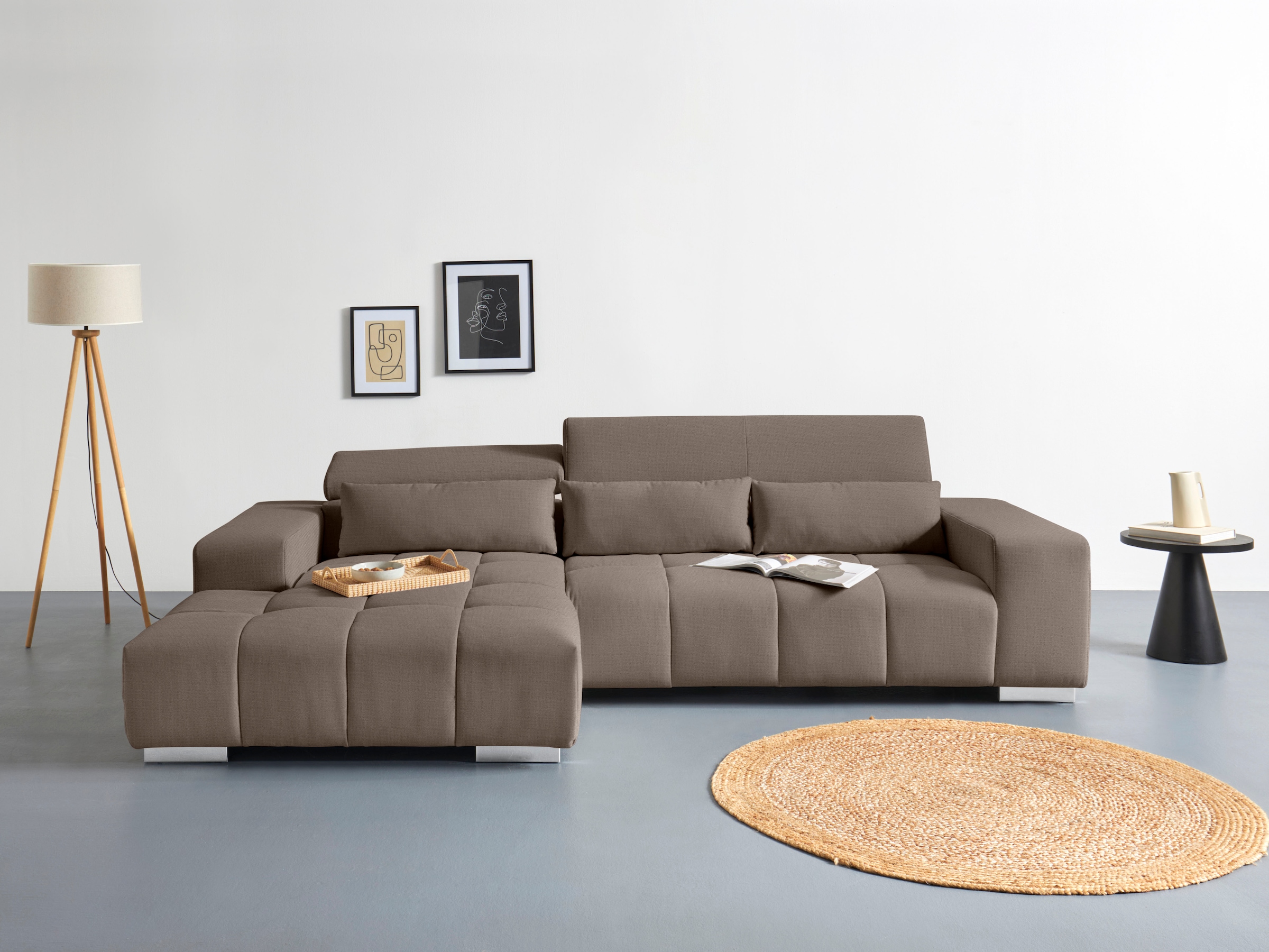 COTTA Ecksofa "Orion L-Form, B: 307 cm, moderne Steppung, bequeme Wellenunterfederung" 2x Kopfteilverstellung & 3 Nierenkissen