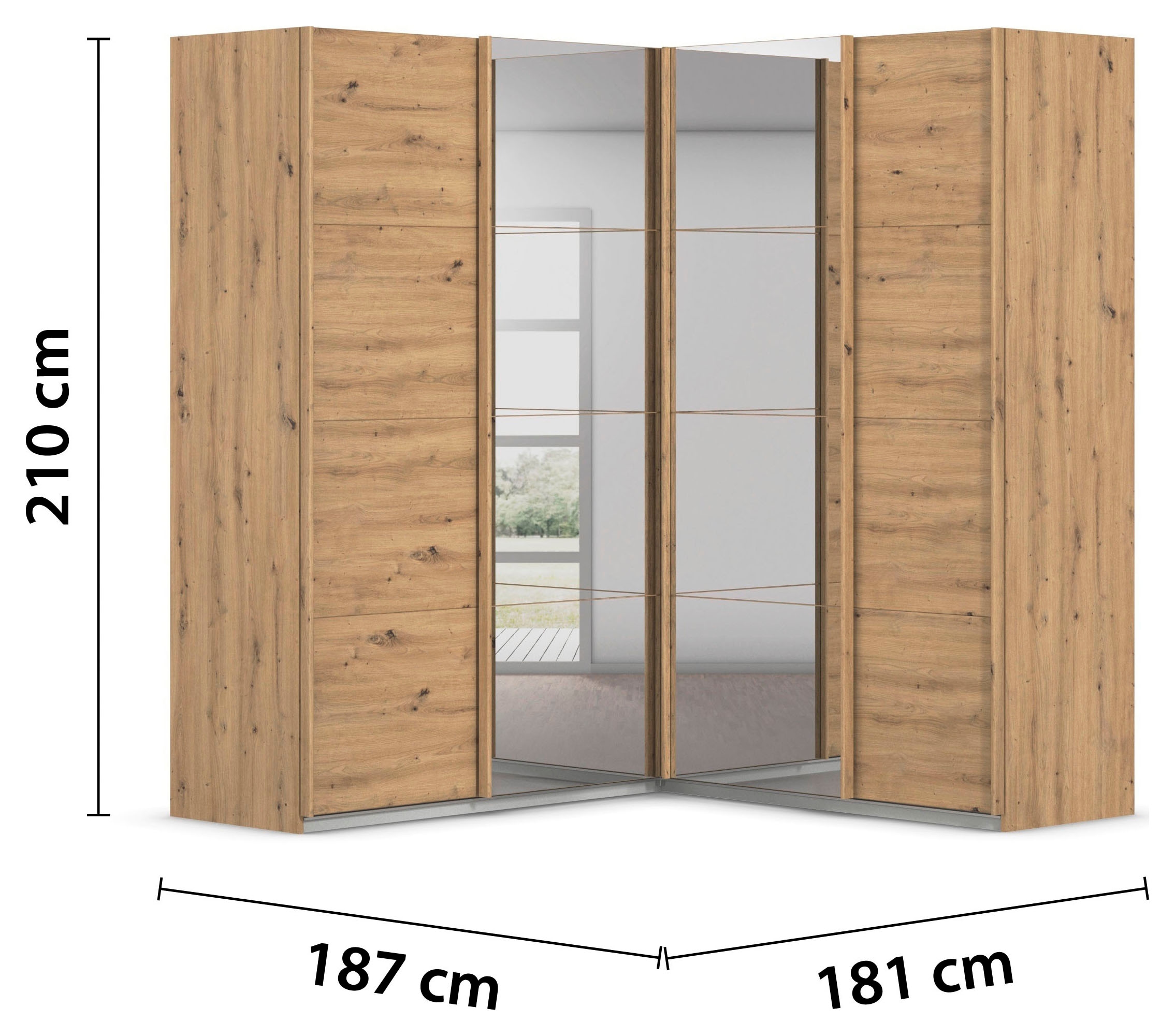 rauch Schwebetürenschrank »Schrank Garderobe Eckkleiderschrank QUADRA Front in Dekor/Hochglanz« Maß 181x187 cm, Höhen 210/229 cm, inkl. Soft-Close-Funktion,  extra großer Eckschrank inkl. Schubladeneinsatz MADE IN GERMANY