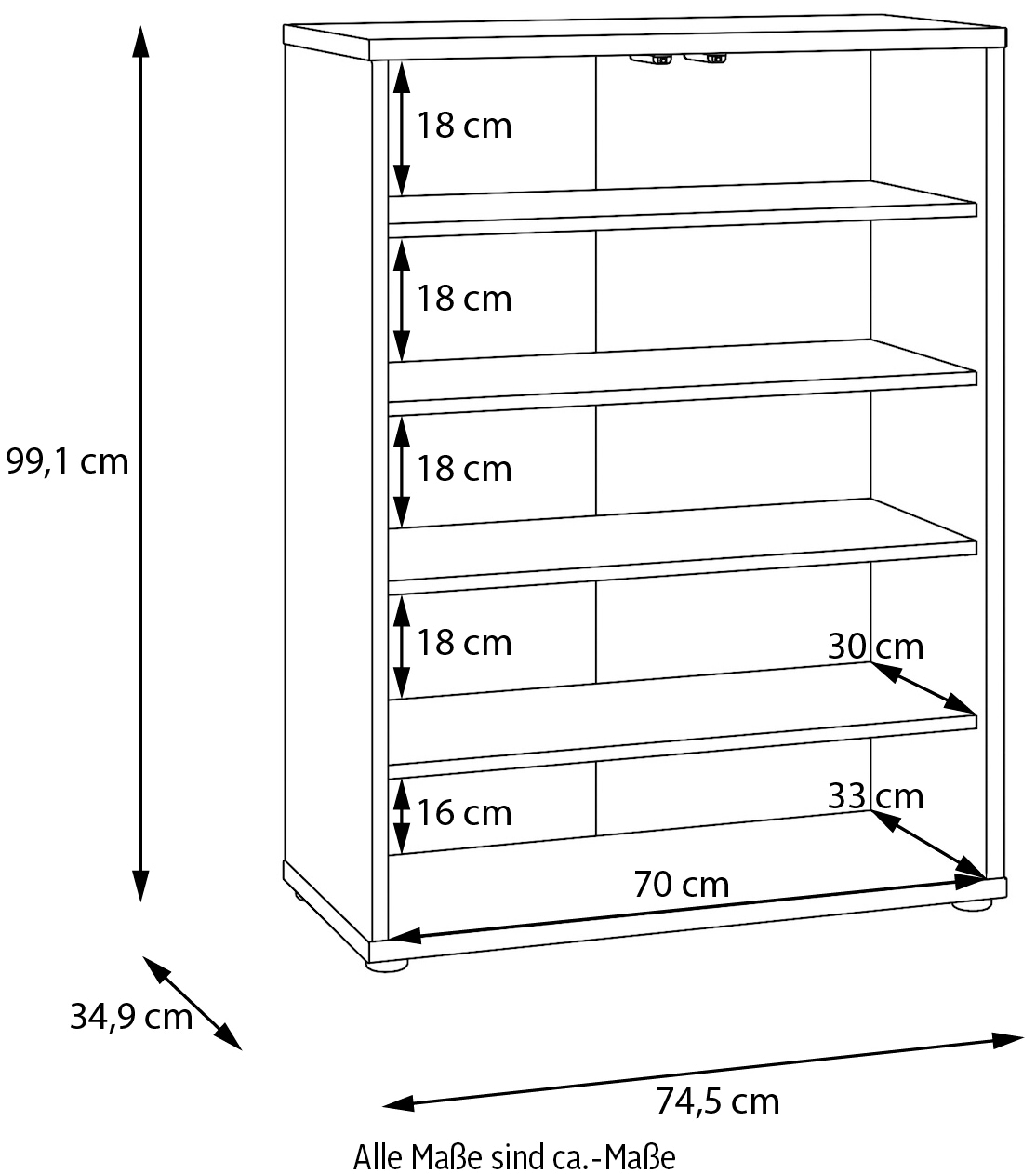 FORTE Schuhschrank »Alice Springs«, (B/H/T 74,5/99,1/34,9 cm), Stauraumschrank, Mehrzweckschrank, grifflose Front, Push to open