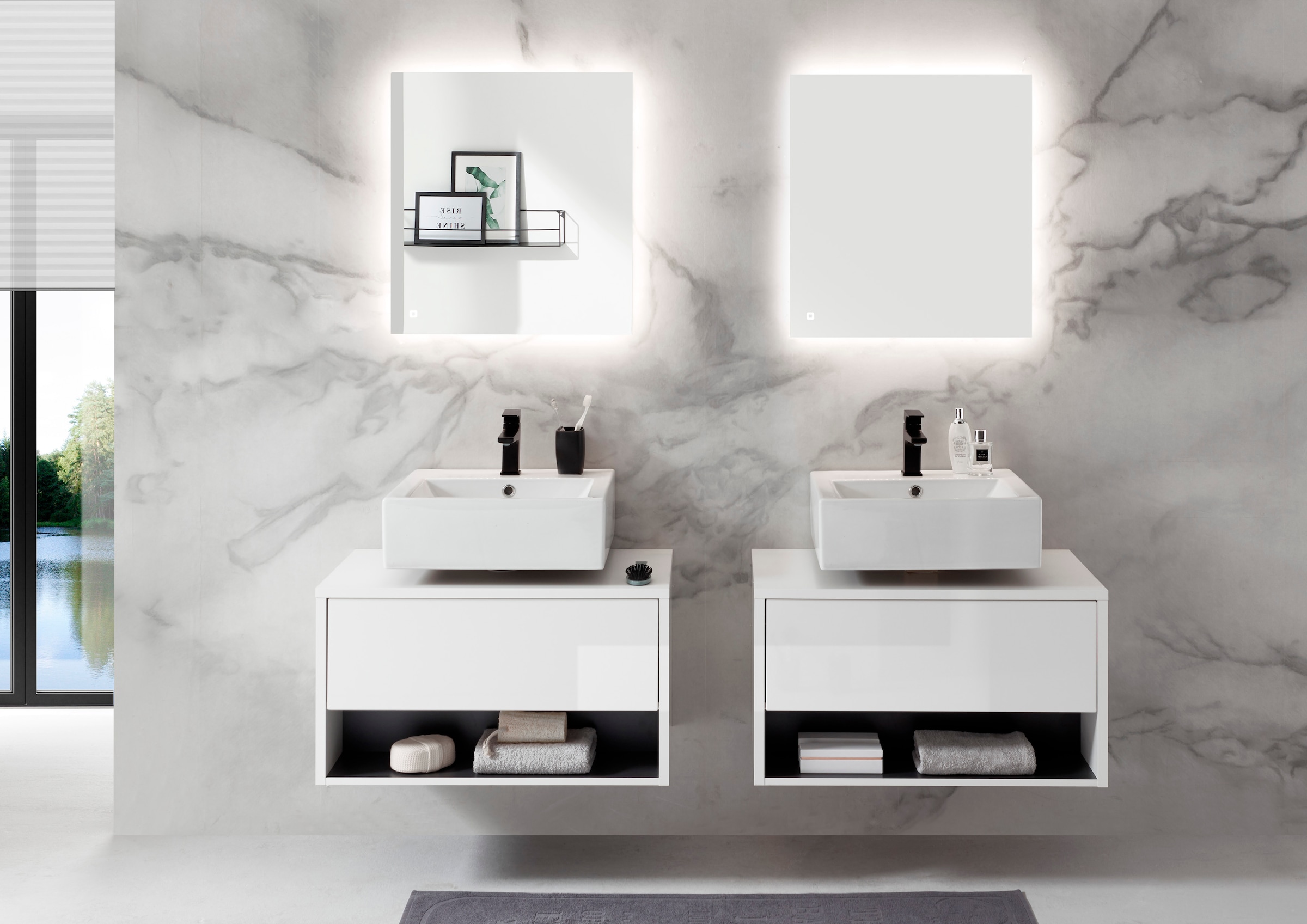 Places of Style Badmöbel-Set »Studio Line, Bad im modernen Design, 6-teiliges Badezimmer«, (6 St.), Schrank, Unterschrank und Spiegel, in zwei Farben verfügbar, Stauraum