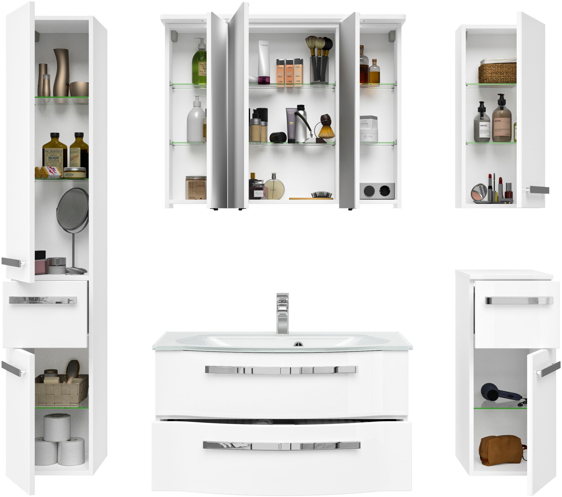 Thumbnail - Saphir Badmöbel-Set "Serie 4005, vormontiert, Glaswaschbecken, Spiegelschrank" Set, 6 Stk. tlg.