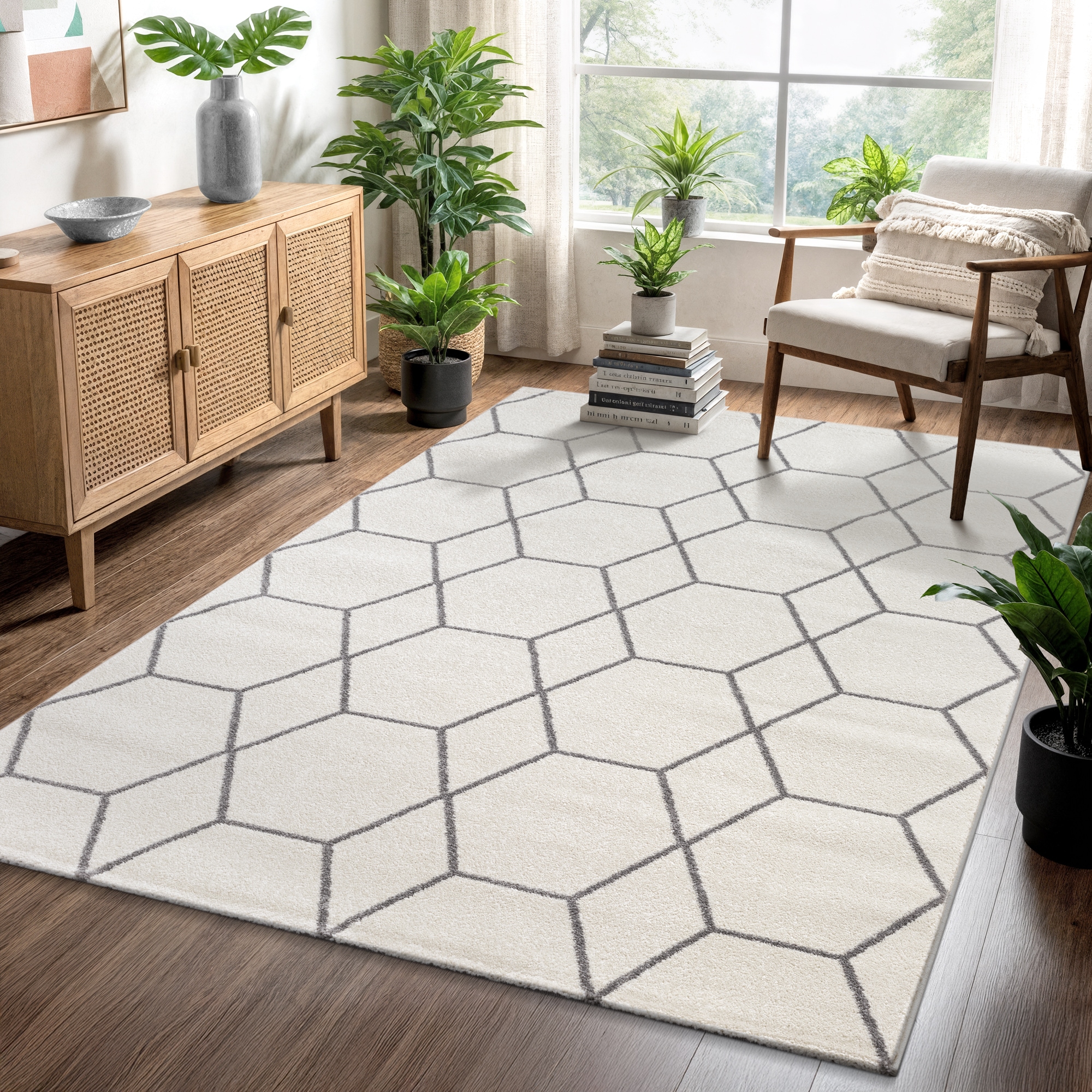 Teppich SANAT "Trellis", creme, B:120cm H:10mm L:170cm, Kunstfaser, Teppiche, Teppich, Kurzflor, skandi, boho, auch als Läufer und in rund