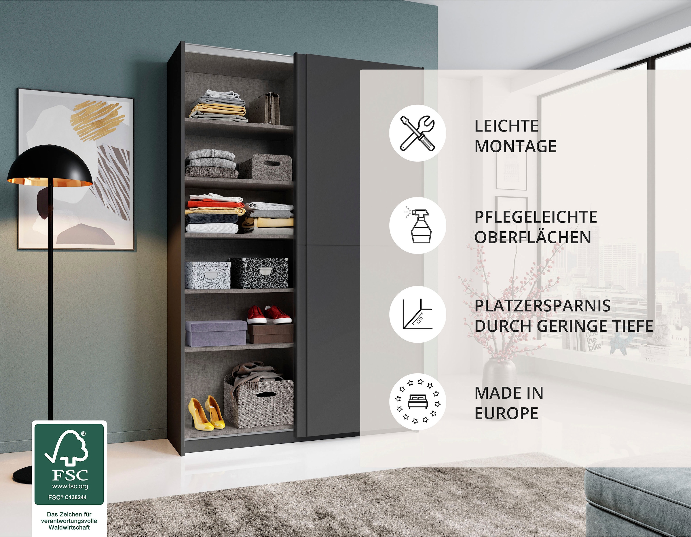 Schlafkontor Schwebetürenschrank »Heimo/Fast Schrank Kleiderschrank Garderobe«, geringe Tiefe, ausziehbarer Kleiderstange, Garderobenschrank, 6 Böden