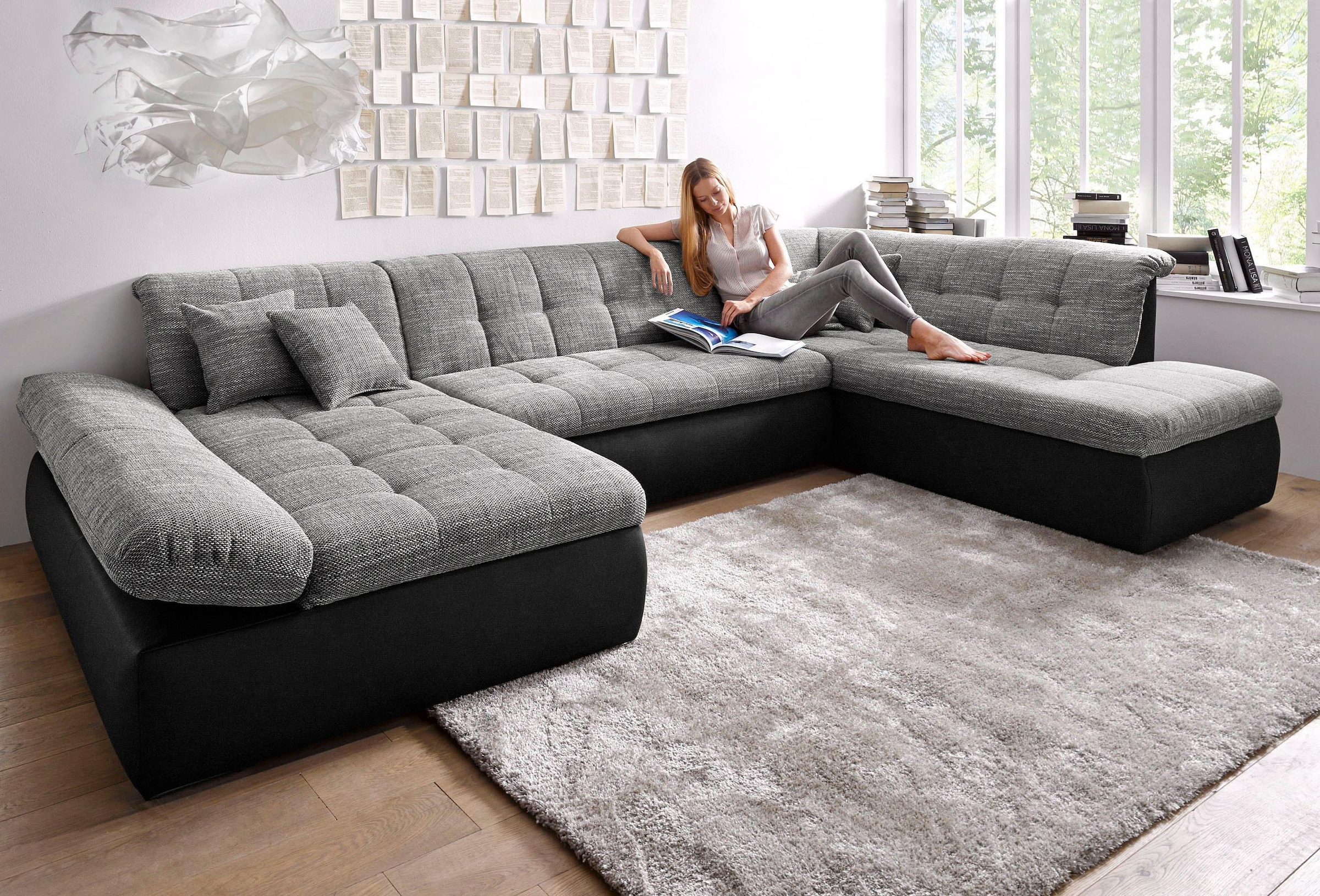 DOMO collection Wohnlandschaft "MORIC 353x216x80 cm, mit viel Platz, U-Form, auch in Cord" im XXL-Format, wahlweise mit Bettfunktion und Armlehnenverstellung