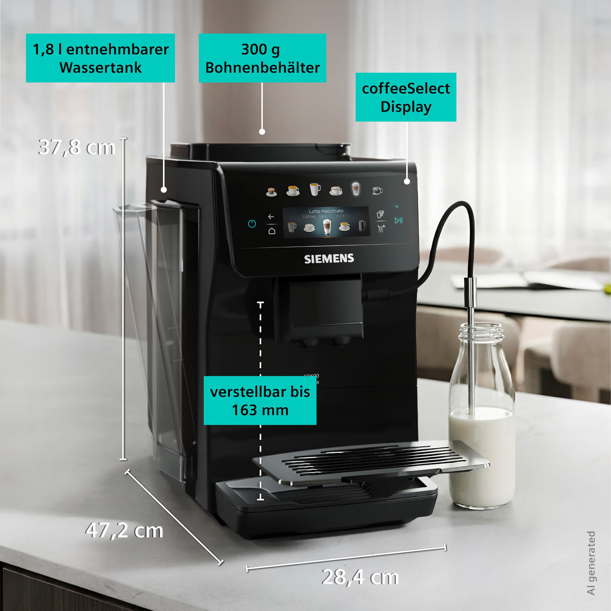 SIEMENS Kaffeevollautomat »EQ600 TP601E09, 6 Getränke, XL-Getränke, bis zu 480ml, Kannenfunktion« Doppeltassenfunktion,Keramikmahlwerk, entnehmbare Brüheinheit, Schwarz