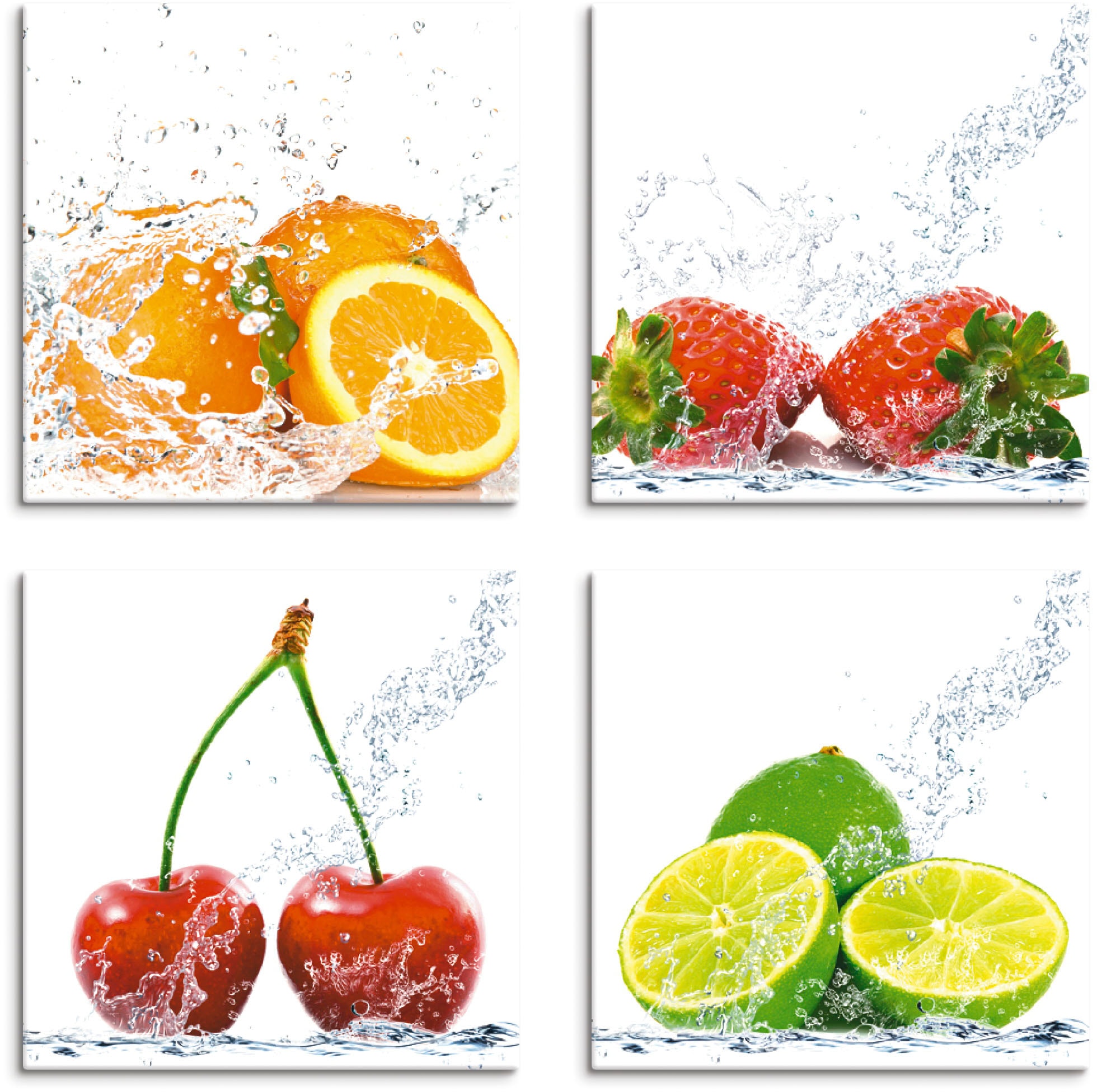 Artland Leinwandbild "Früchte mit Spritzwasser", Lebensmittel, (4 St.), 4er Set, verschiedene Größen