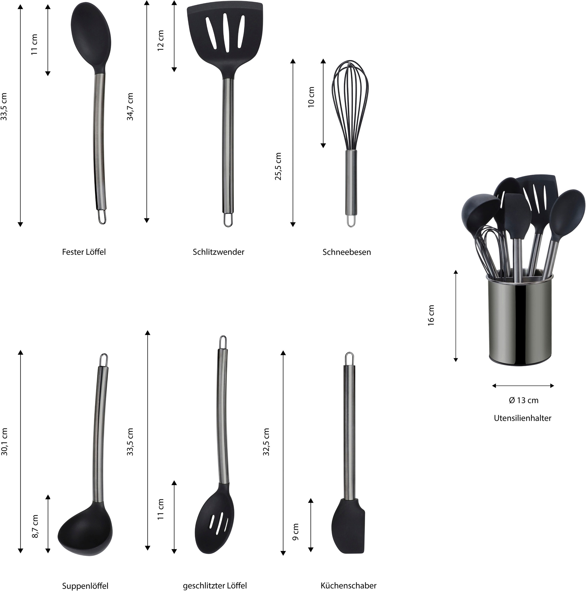 ECHTWERK Küchenorganizer-Set, (Set, 7 tlg.), Kochbesteck mit Edelstahlgriff, Antihaft-Silikon, mit Utensilienhalter