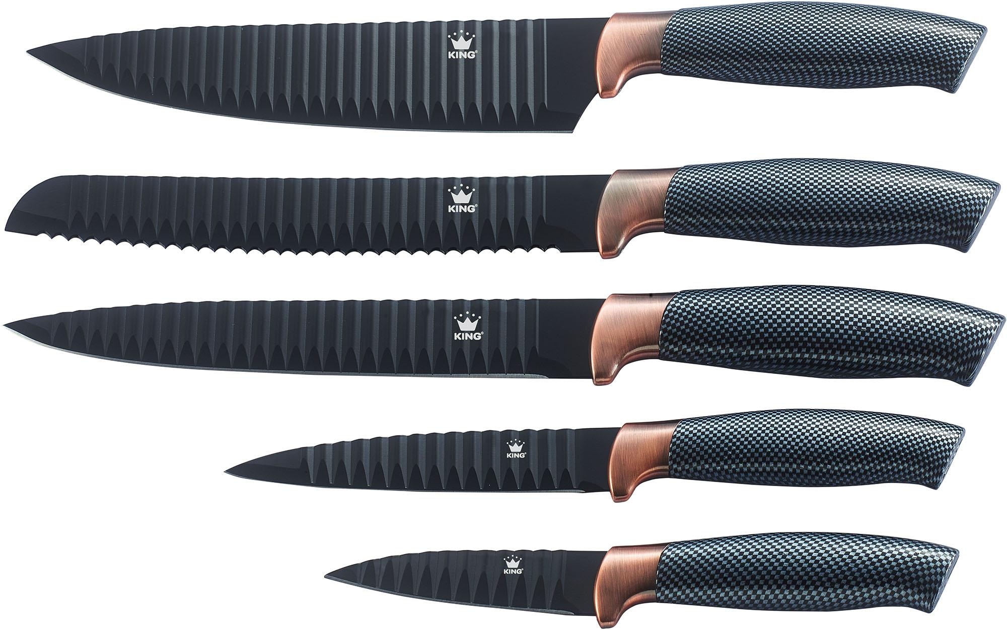 KING Messer-Set »Carbon Design«, (Set, 6 tlg.), (5 Messer), incl. Sparschäler, Wellenschliff