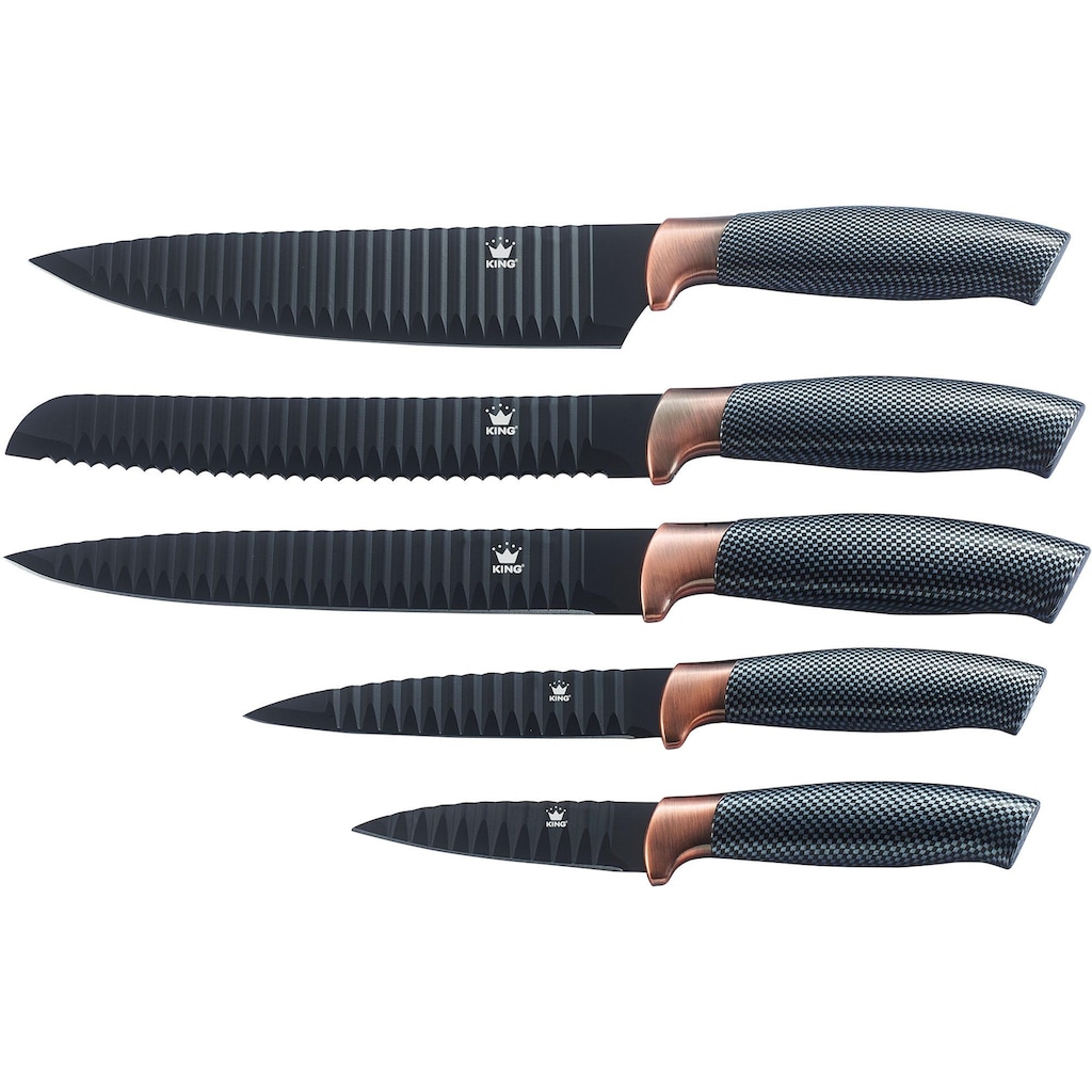 KING Messer-Set »Carbon Design«, (Set, 6 tlg.), (5 Messer), incl. Sparschäler, Wellenschliff