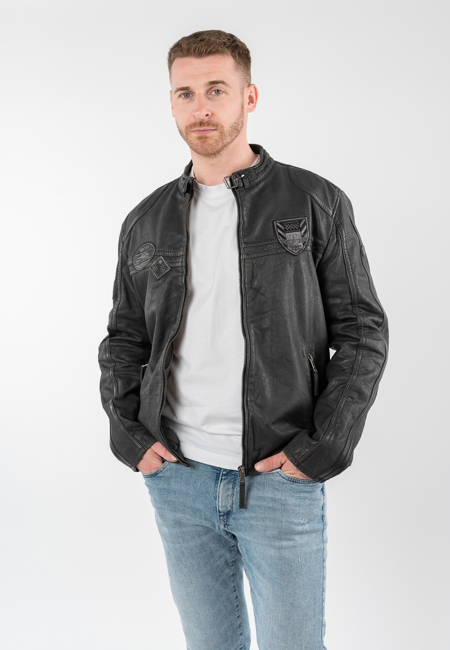 Mauritius Lederjacke "MMTorbu" mit Lederbadges im Racing-Stil günstig online kaufen