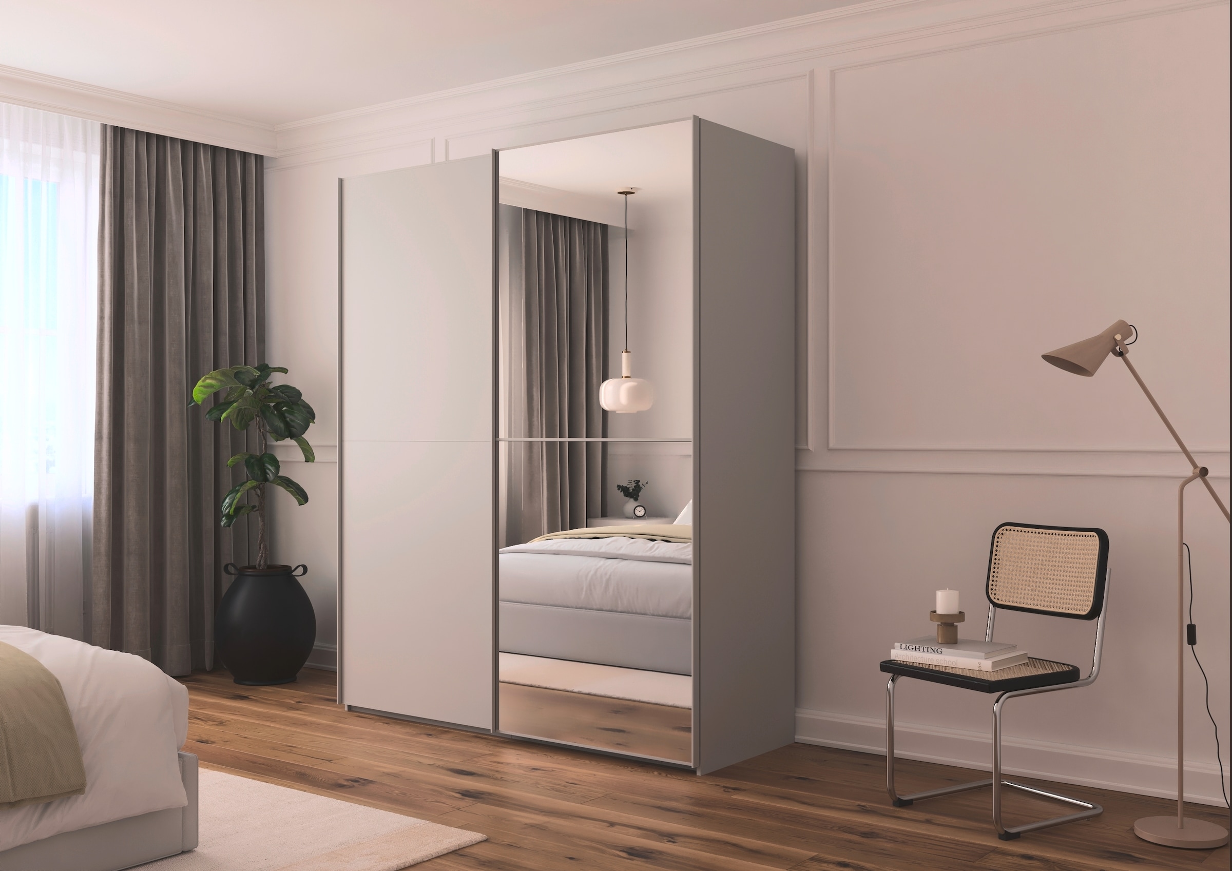 rauch Schwebetürenschrank »Kleiderschrank Schrank Garderobe Schlafzimmerschrank SCALE-DUO«, edle zweigeteilte Türen, Spiegel und 3 Zierleisten MADE IN GERMANY