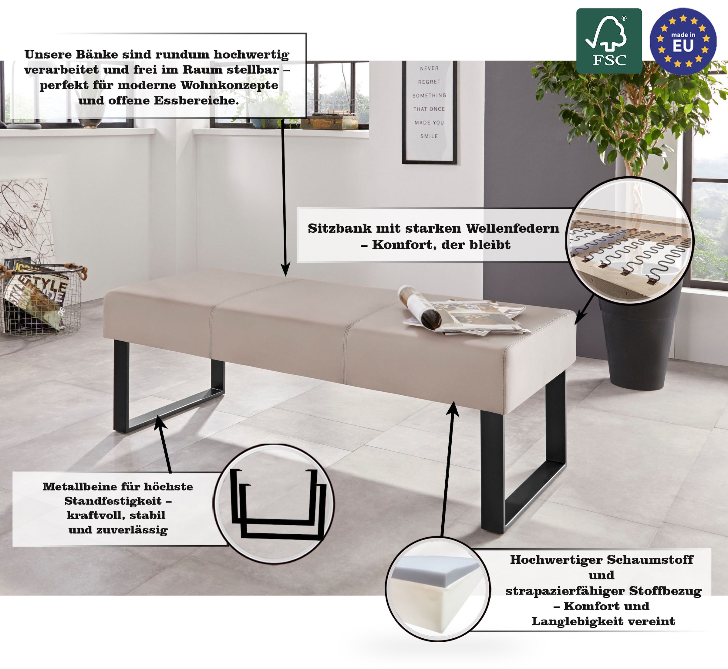 Home affaire Sitzbank »Oliver«, Breite 140cm, mit Metallgestell