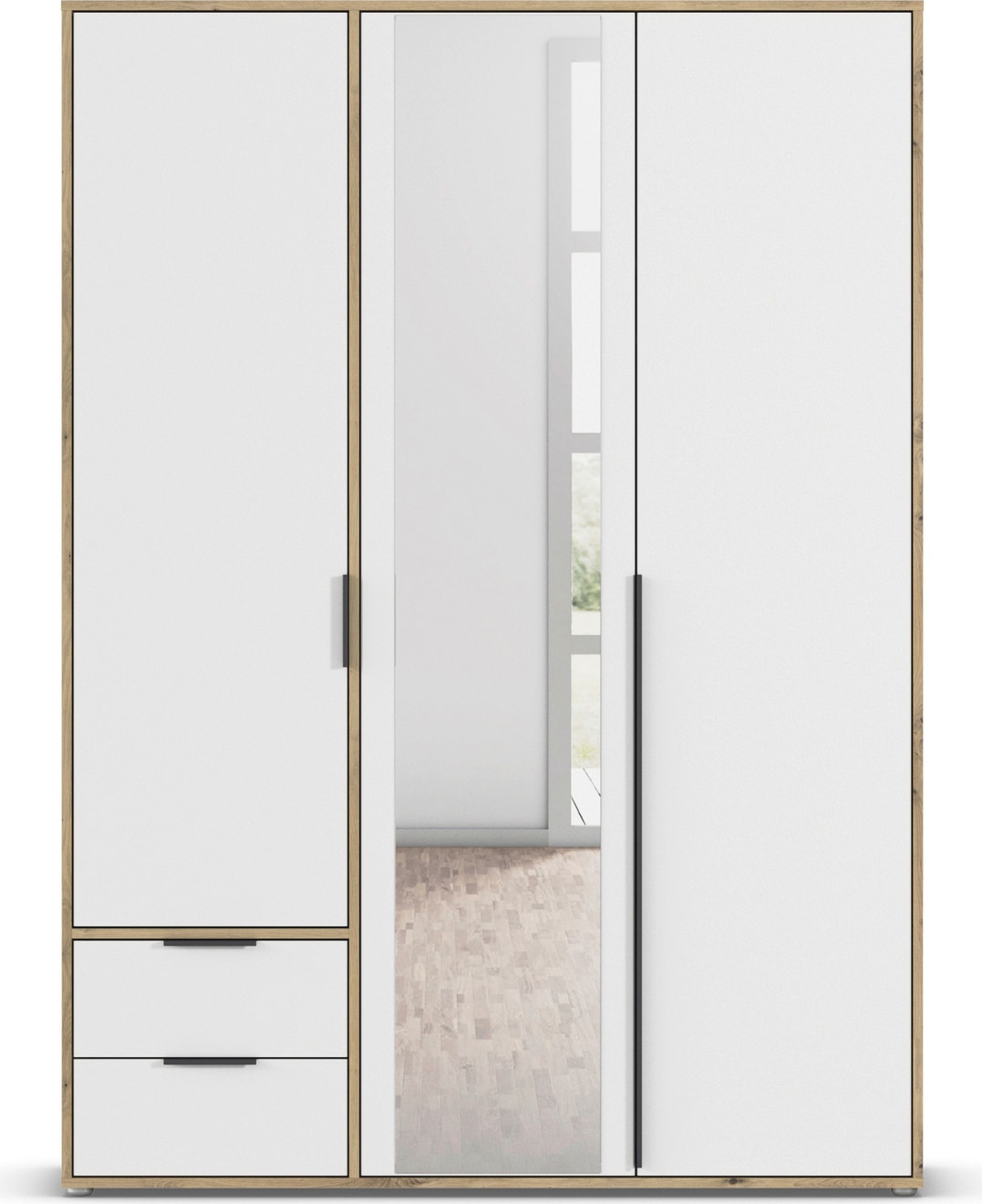 rauch Drehtürenschrank »Kleiderschrank Schrank Garderobe Wäscheschrank NAGATA mit Spiegel« in 3 verschiedenen Ausstattungen BASIC/CLASSIC/PREMIUM,  und Schubladen sowie Stangengriffen TOPSELLER MADE IN GERMANY