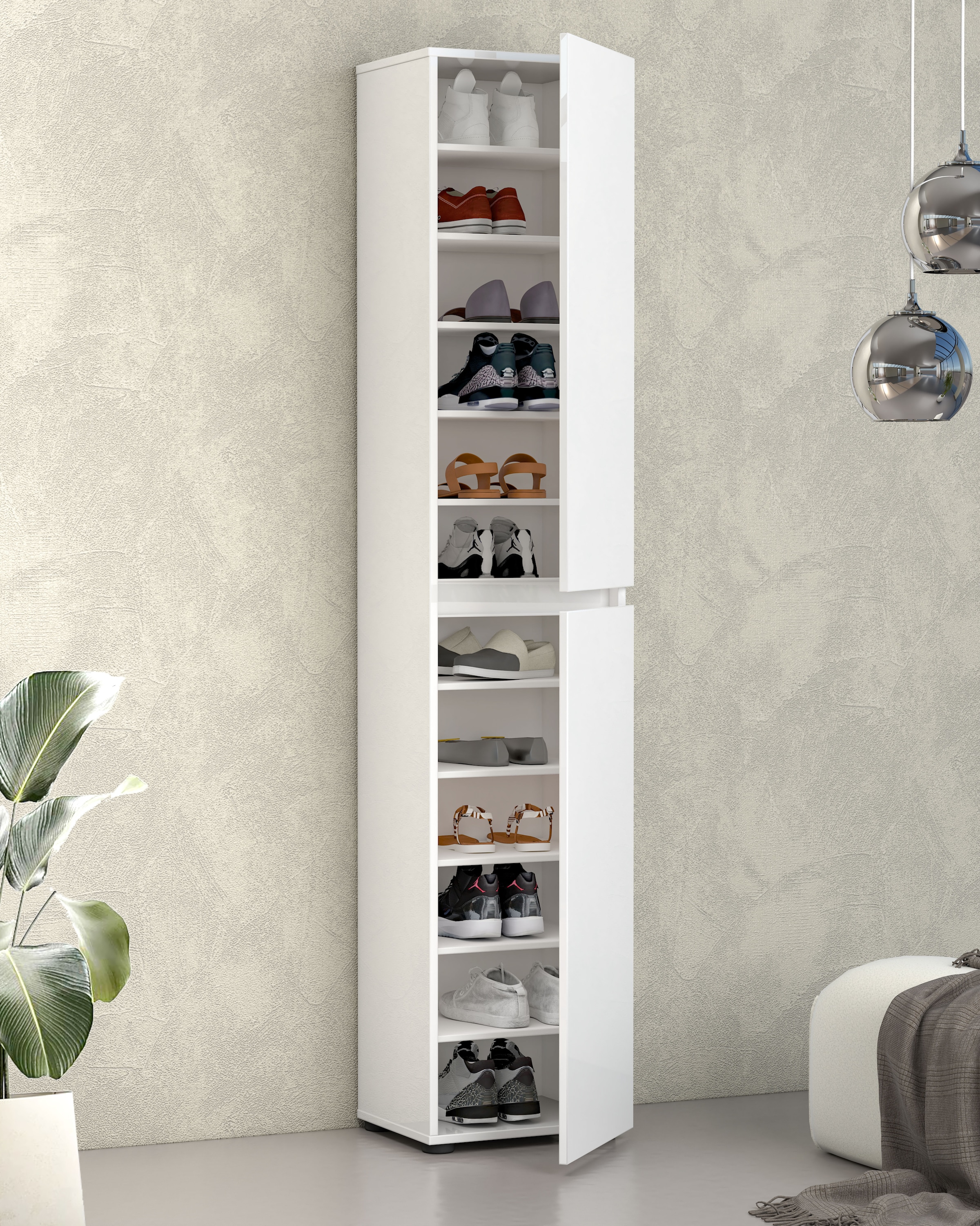 INOSIGN Schuhschrank »Mister,Schuhkommode,Schuhmöbel,Schuhablage,Schuhregal«, Breite 40 cm, Höhe 200 cm, Tiefe 34 cm, 2 Türen, 12 Fächer, hochglanz
