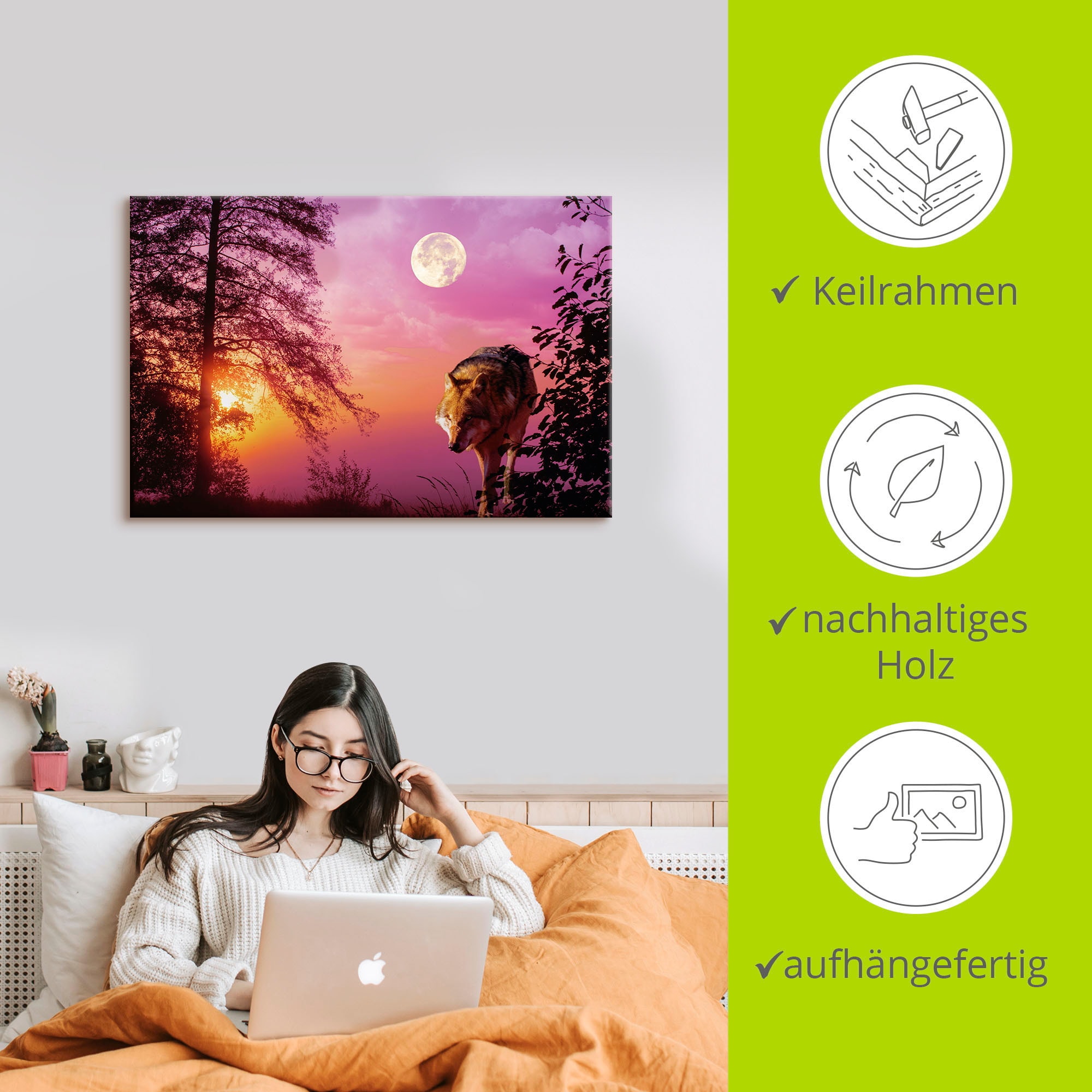 Artland Wandbild »Wolf im Vollmond«, Wolfbilder, (1 St.), als Alubild, Outdoorbild, Leinwandbild, Poster in verschied. Größen
