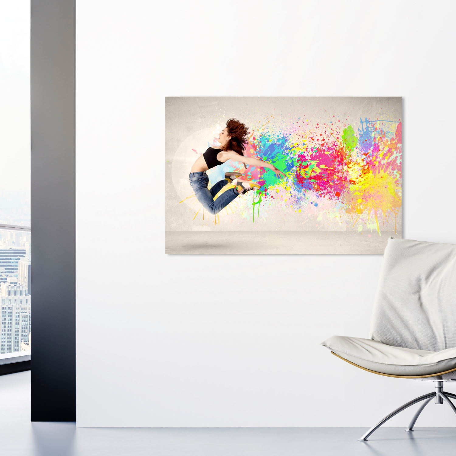 queence Acrylglasbild »springende Frau«, Abstrakt-Kunst-Frau-Graffiti-Tanz, Fine Art-Print in Galeriequalität