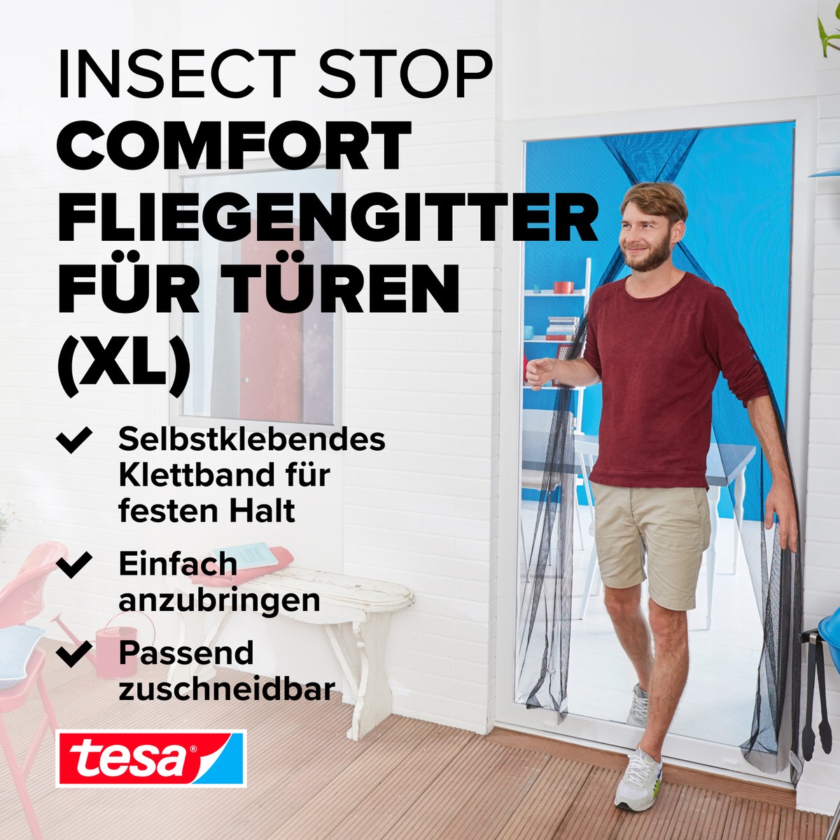 tesa Insektenschutz-Tür »Insect Stop Comfort Fliegengitter für Türen - 1,3 m : 2,5 m«, Insektenschutzgitter Dachfenster - ohne Bohren - zuschneidbar