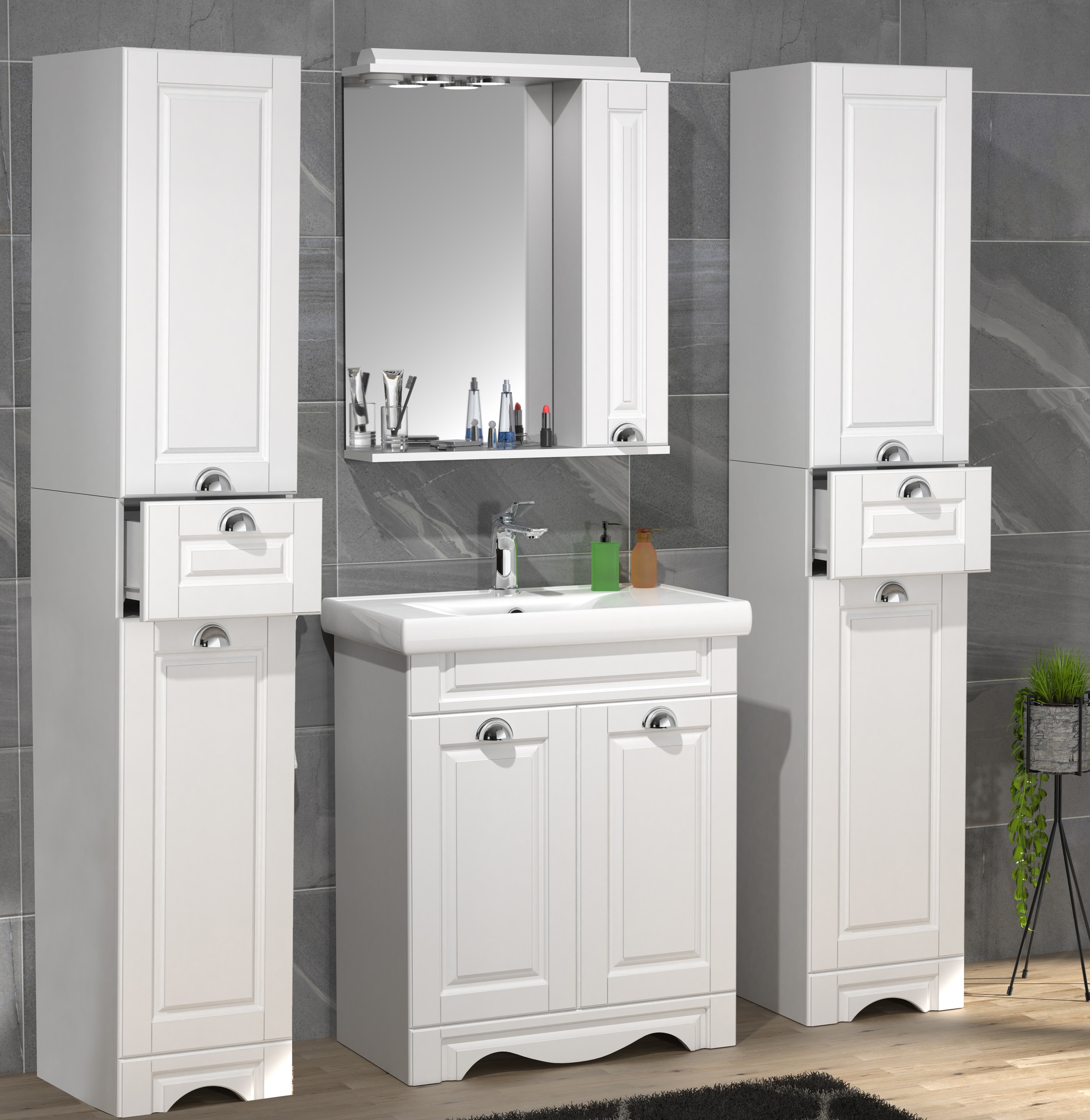 VCM Waschbeckenunterschrank »VCM 5-tlg. Waschplatz Waschtisch Breite 60 cm Badmöbel Set Waschbecken Spiegelschrank Hochschrank Landhaus Casalo L«, (5 St.)