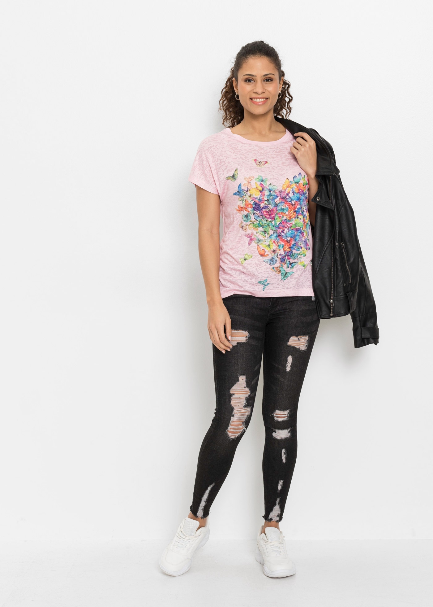 bonprix T-Shirt toller Materialmix, überschnittene Schultern, hinten länger