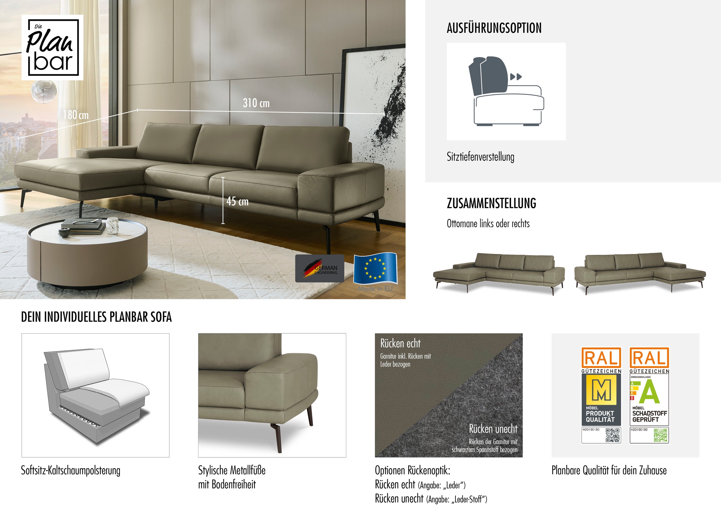 Ecksofa DIE PLANBAR "PN-EM20061, wahlweise frei im Raum stellbar", torro schwarz, B:310cm H:86cm T:180cm, Sofas, Ecksofa, wahlweise mit echt bezogenem Rücken und Sitztiefenverstellung 2