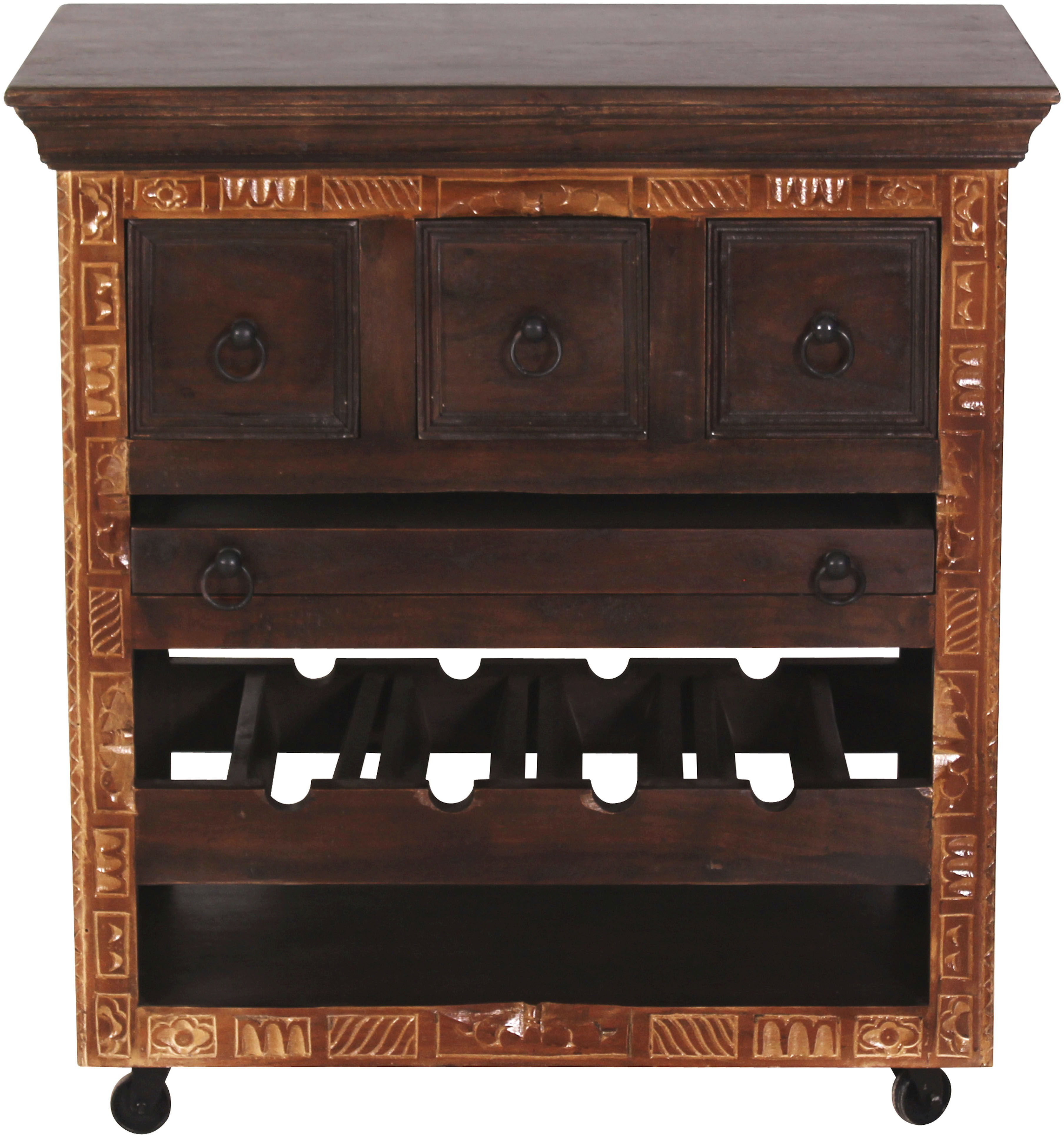 SIT Mehrzweckschrank "Xiamen Küchenwagen aus Altholz mit Rollen, Tablett & Stauraum" 3 Schubladen, Flaschenablage & herausnehmbares Tablett