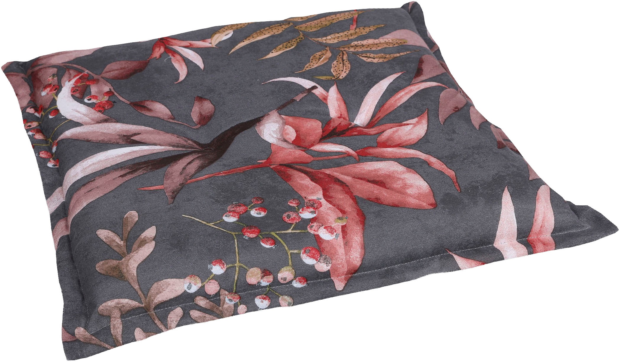 GO-DE Hockerauflage Blätter / Beeren anthrazit - Maße BxLxH ca.: 50 cm x 50 cm x 7 cm