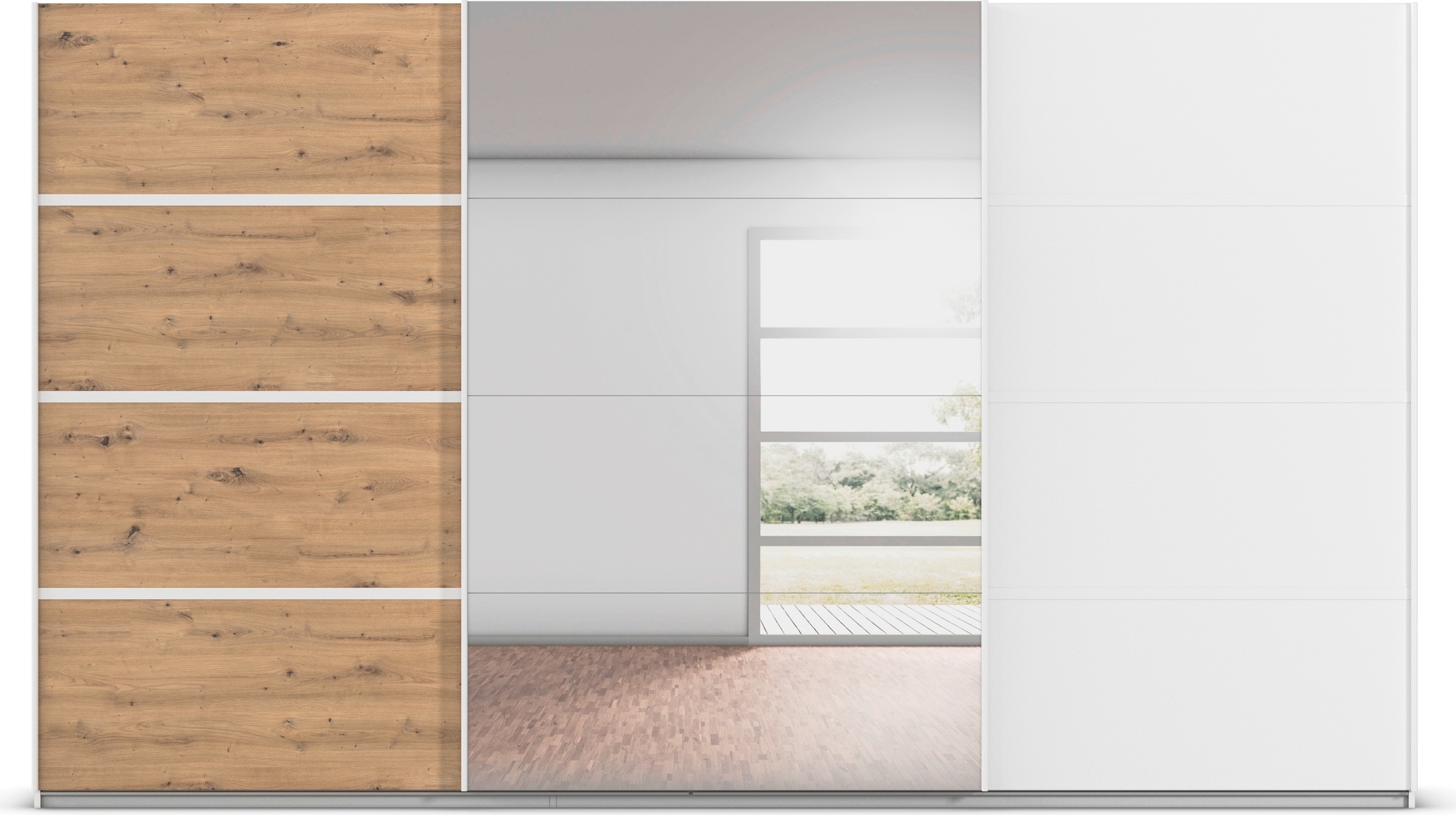 rauch Kleiderschrank »Schwebetürenschrank OTTO´s Choice Garderobe Schrank TOP ANGEBOT Avola«, (in 3 verschiedenen Ausstattungen BASIC/CLASSIC/PREMIUM inkl. Spiegel), mit eleganten Zierleisten in Chrom, Schwarz oder Weiß MADE IN GERMANY